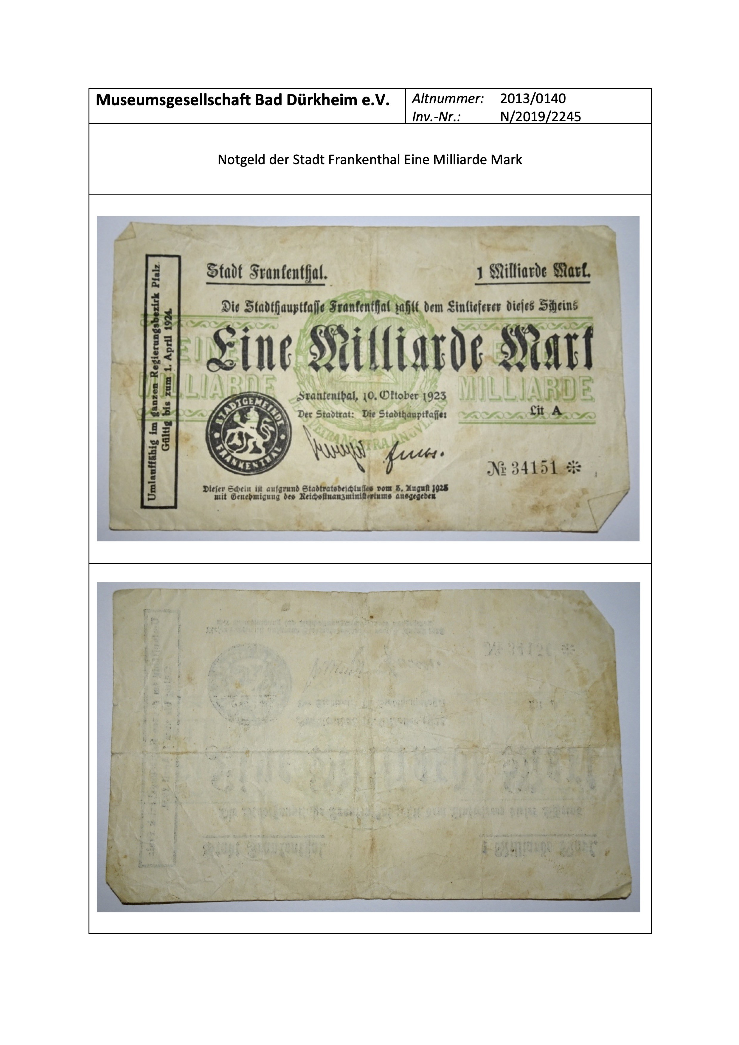 Notgeld der Stadt Frankenthal Eine Milliarde Mark (Museumsgesellschaft Bad Dürkheim e.V. CC BY-NC-SA)