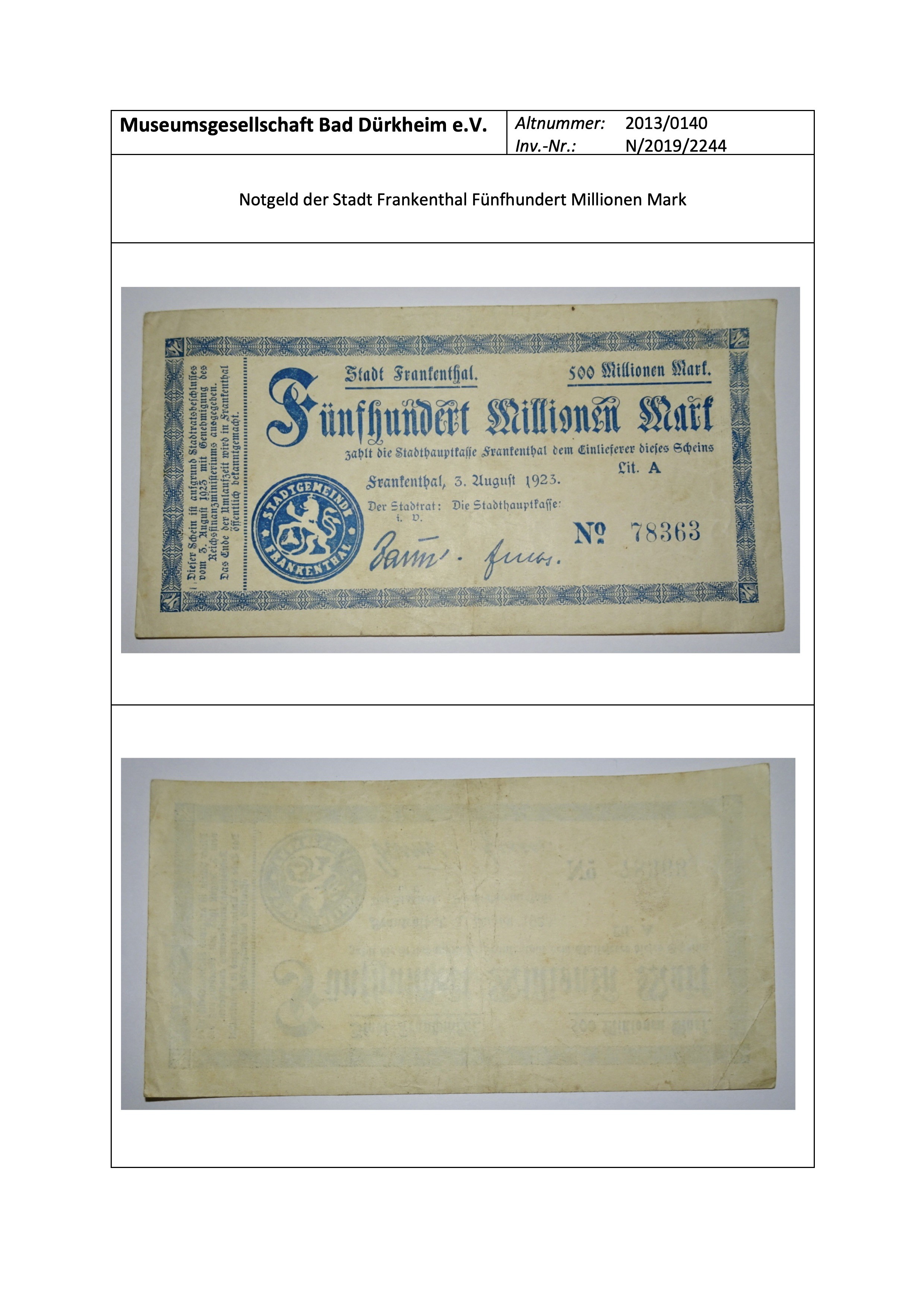 Notgeld der Stadt Frankenthal Fünfhundert Millionen Mark (Museumsgesellschaft Bad Dürkheim e.V. CC BY-NC-SA)