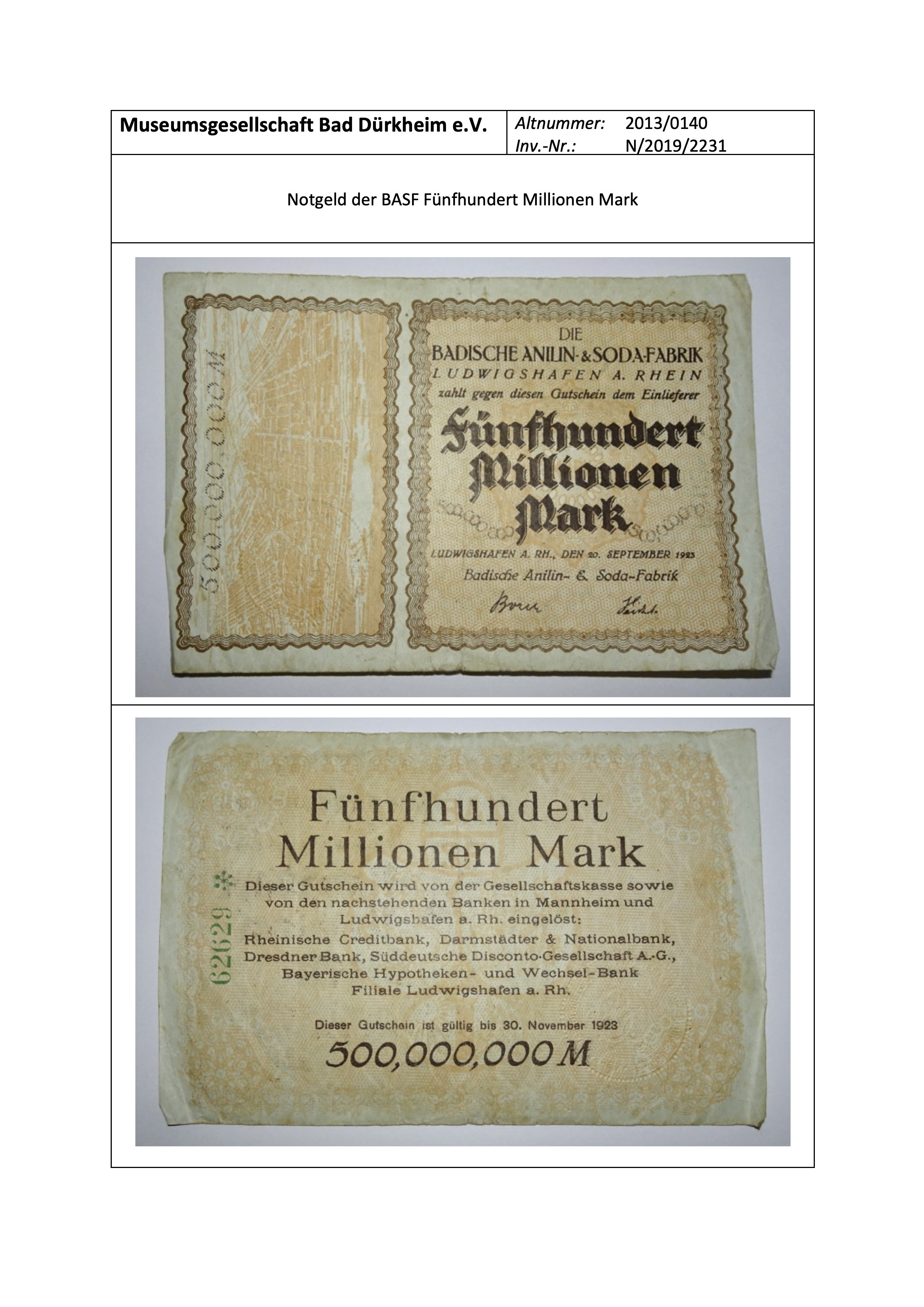 Notgeld Gutschein der BASF fünfhundert Millionen Mark (Museumsgesellschaft Bad Dürkheim e.V. CC BY-NC-SA)