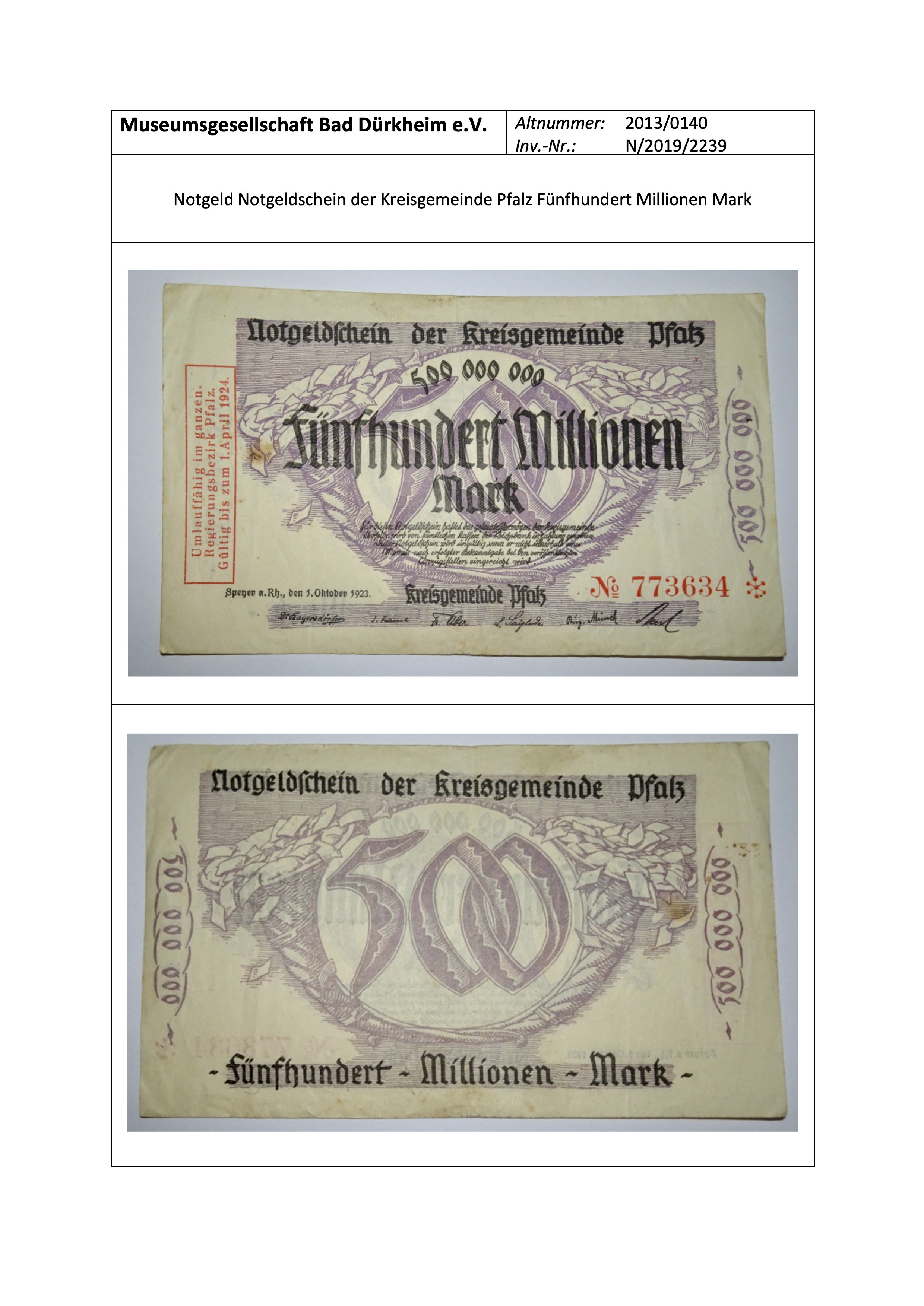 Notgeld Notgeldschein der Kreisgemeinde Pfalz Fünfhundert Millionen Mark (Museumsgesellschaft Bad Dürkheim e.V. CC BY-NC-SA)