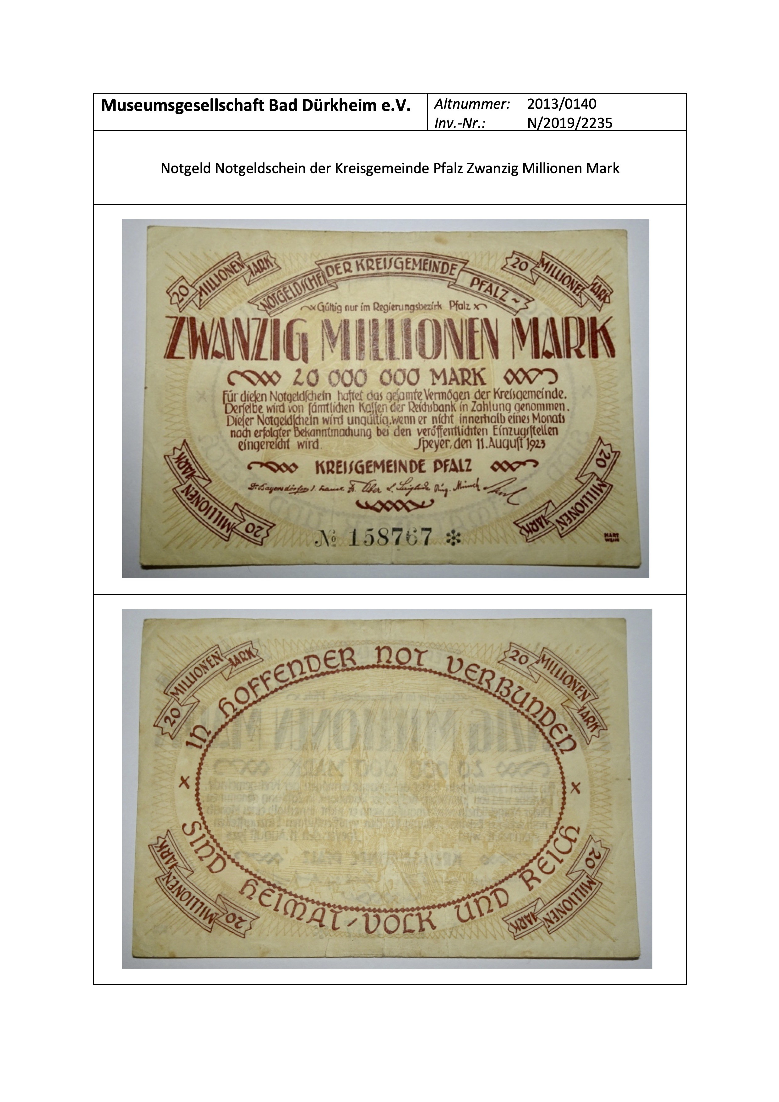 Notgeld Notgeldschein der Kreisgemeinde Pfalz Zwanzig Millionen Mark (Museumsgesellschaft Bad Dürkheim e.V. CC BY-NC-SA)