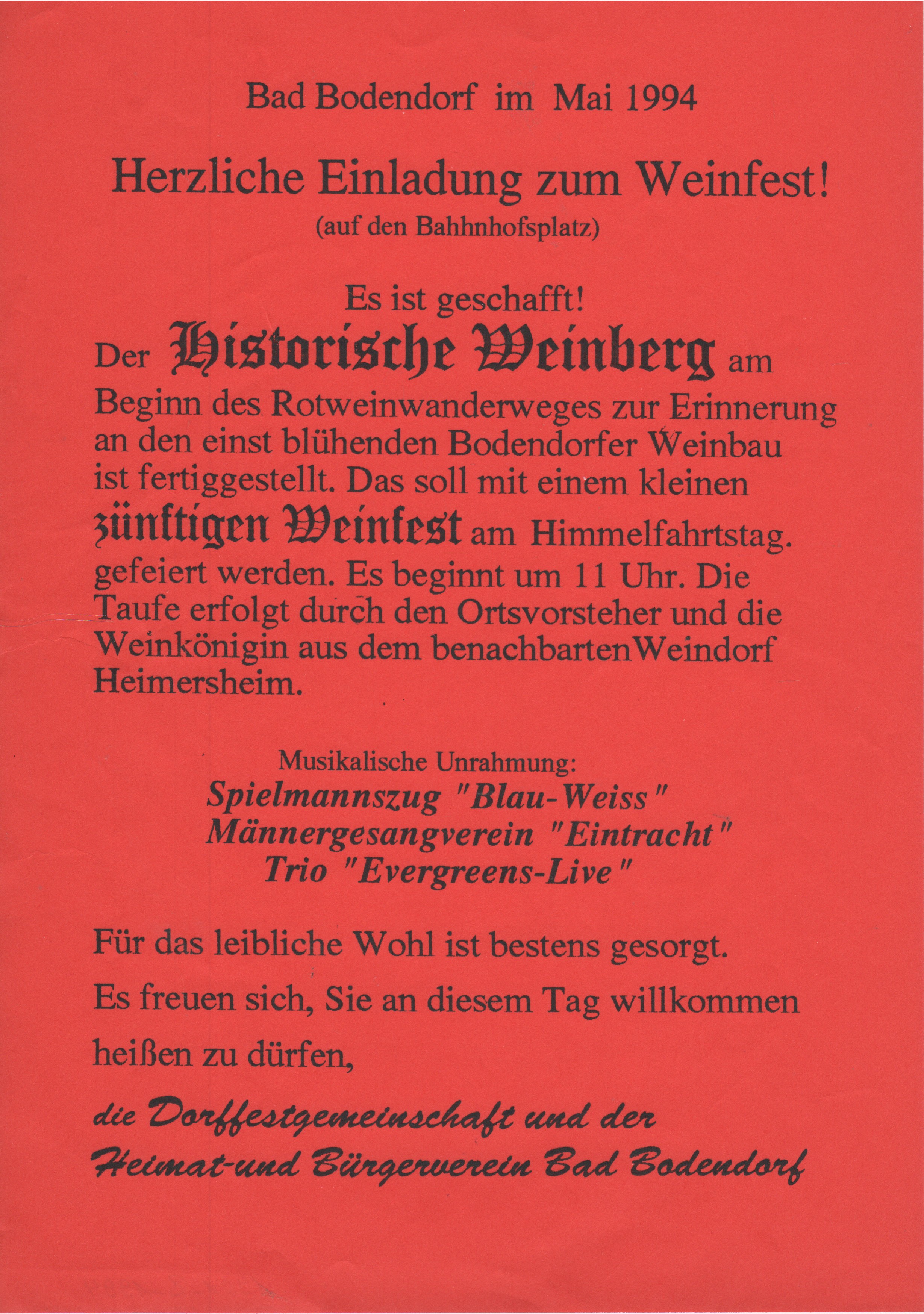 Plakat zum Weinfest und Eröffnung des historische Weinbergs in Bad Bodendorf (Heimatmuseum und -Archiv Bad Bodendorf CC BY-NC-SA)
