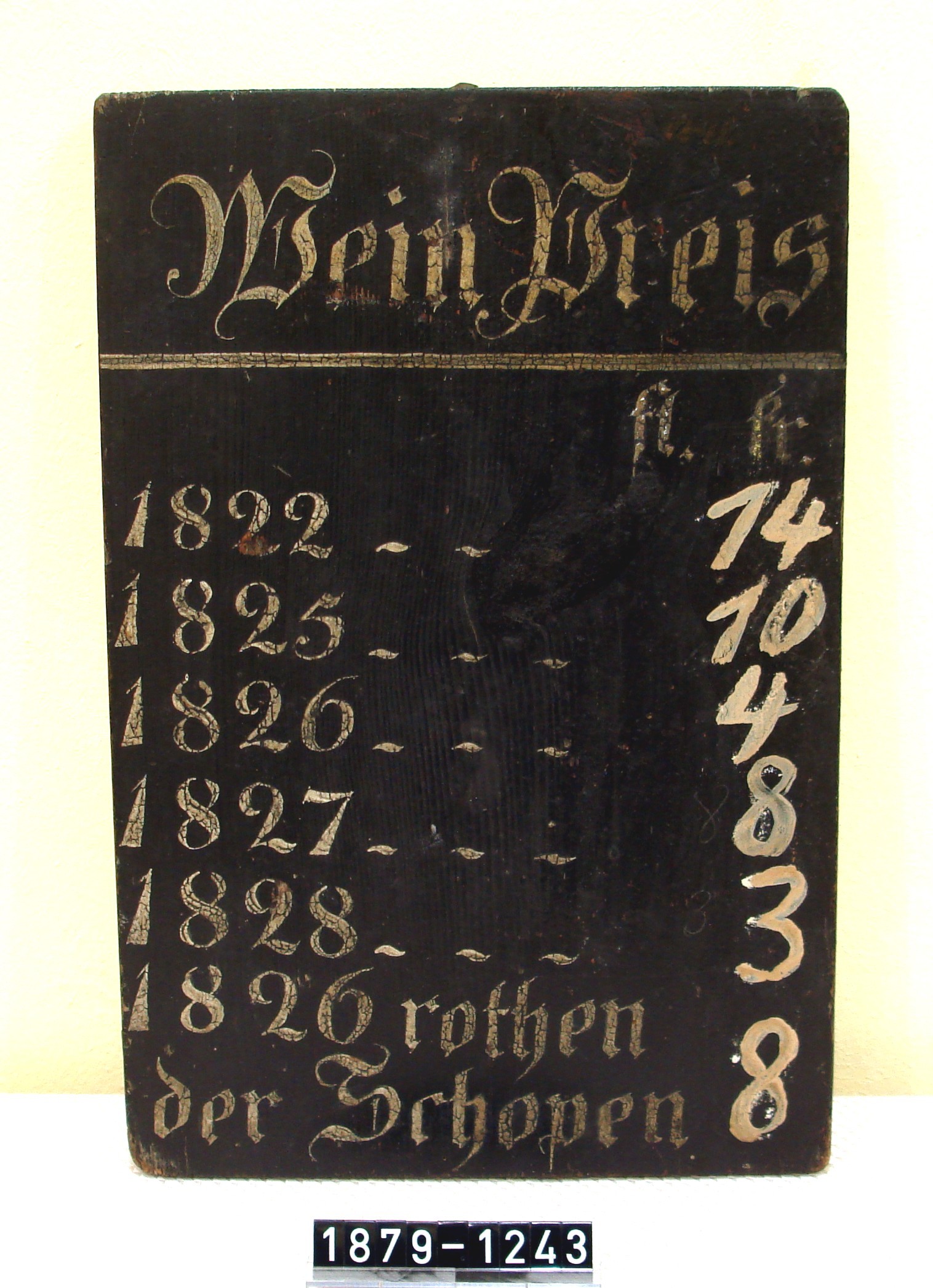 Preisliste; Weinpreistafel; um 1828 (Stadtmuseum Bad Dürkheim, Museumsgesellschaft Bad Dürkheim e.V. CC BY-NC-SA)
