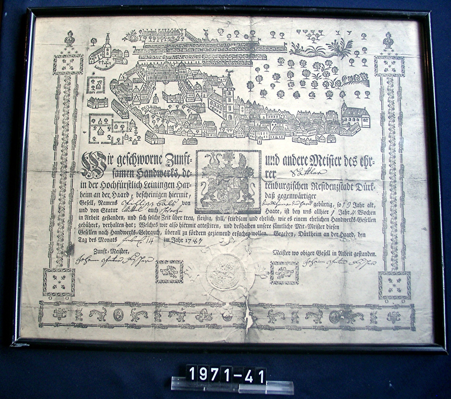 Repro, Druck; Arbeitsbescheinigung für Dürkheimer Sattler Philipp Bals von 1787; 1787. (Stadtmuseum Bad Dürkheim, Museumsgesellschaft Bad Dürkheim e.V. CC BY-NC-SA)