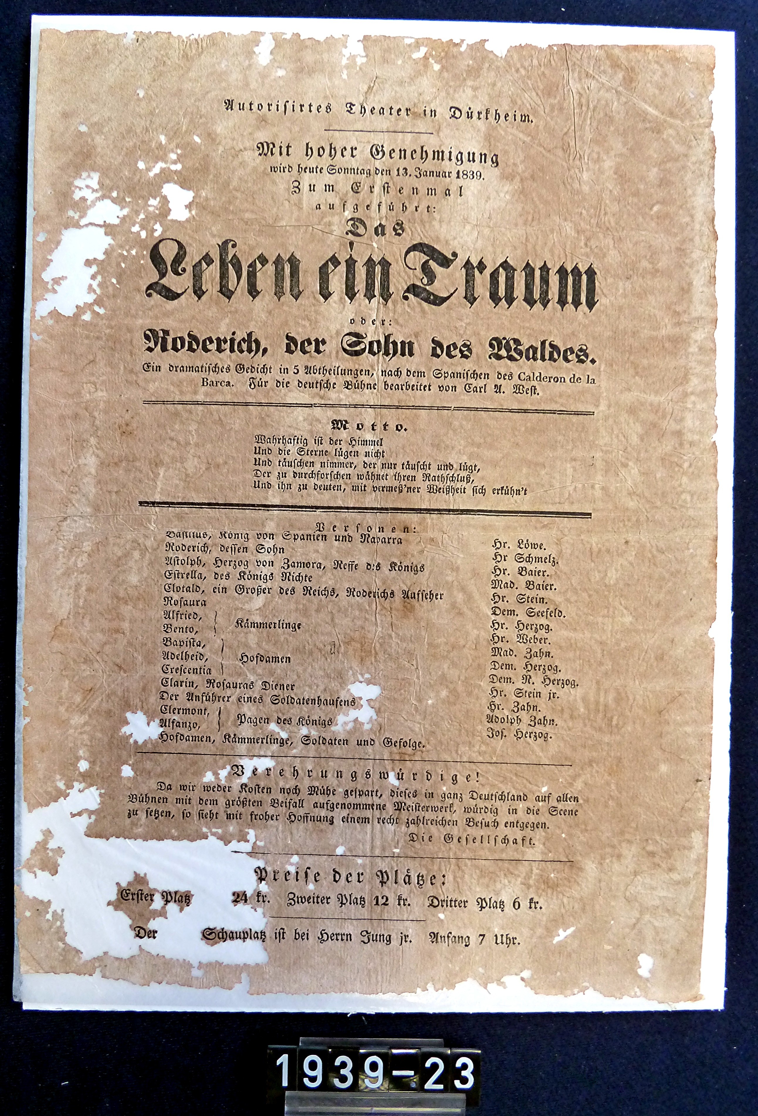 Theaterzettel: "Das Leben ein Traum"; Authorisiertes Theater in Dürkheim; 13. Januar 1839 (Stadtmuseum Bad Dürkheim, Museumsgesellschaft Bad Dürkheim e.V. CC BY-NC-SA)