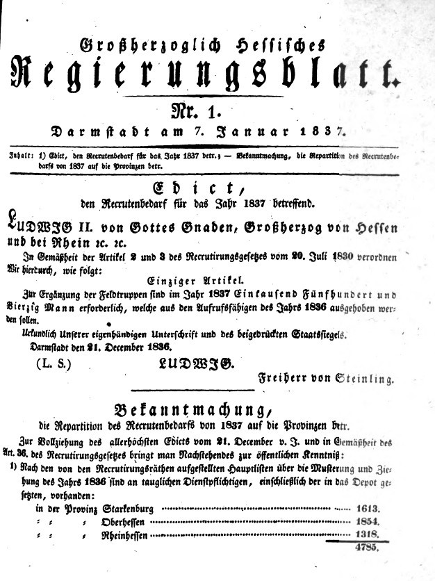 1837 Grossherzoglich hessisches Regierungsblatt (Kulturverein Guntersblum CC BY-NC-SA)