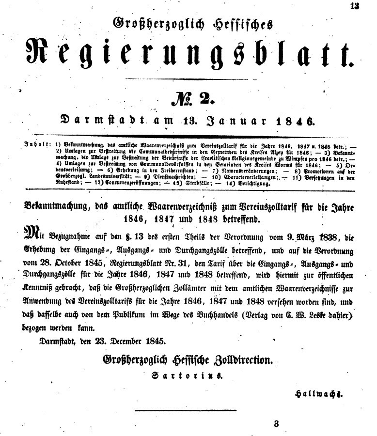 1846 Grossherzoglich hessisches Regierungsblatt (Kulturverein Guntersblum CC BY-NC-SA)