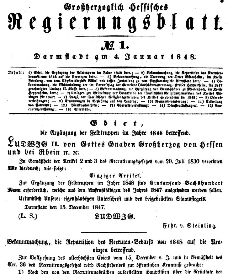 1848 Grossherzoglich hessisches Regierungsblatt (Kulturverein Guntersblum CC BY-NC-SA)