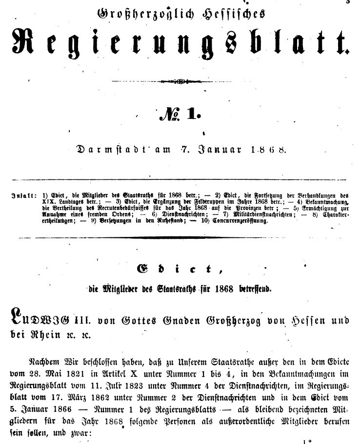 1868 Grossherzoglich hessisches Regierungsblatt (Museum Guntersblum im Kellerweg 30 CC BY-NC-SA)