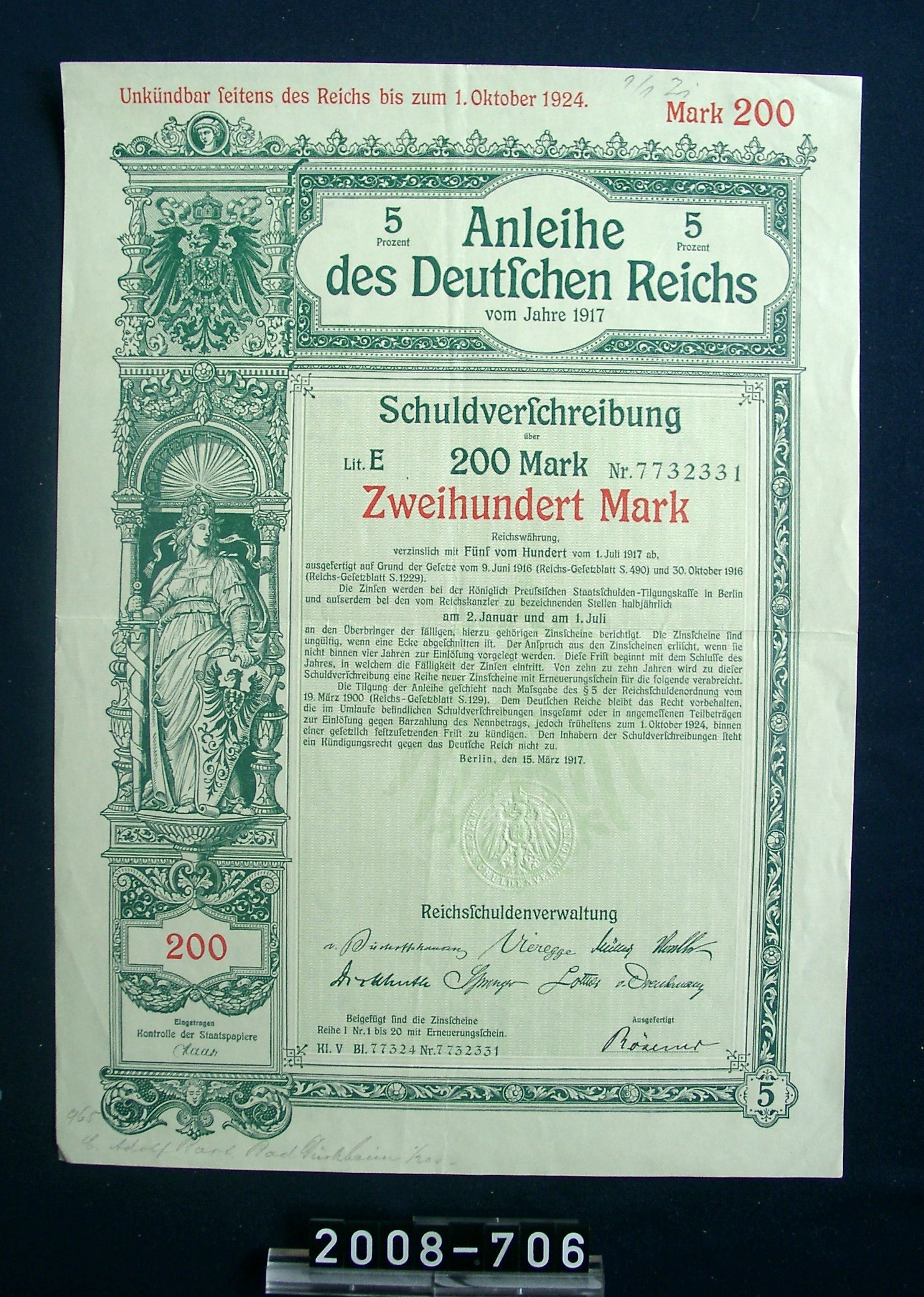 200 Mark-Anleihe des Deutschen Reiches; aus Nachlass der Sektkellerei Freudenmacher, Wachenheim; 1917 (Stadtmuseum Bad Dürkheim, Museumsgesellschaft Bad Dürkheim e.V. CC BY-NC-SA)