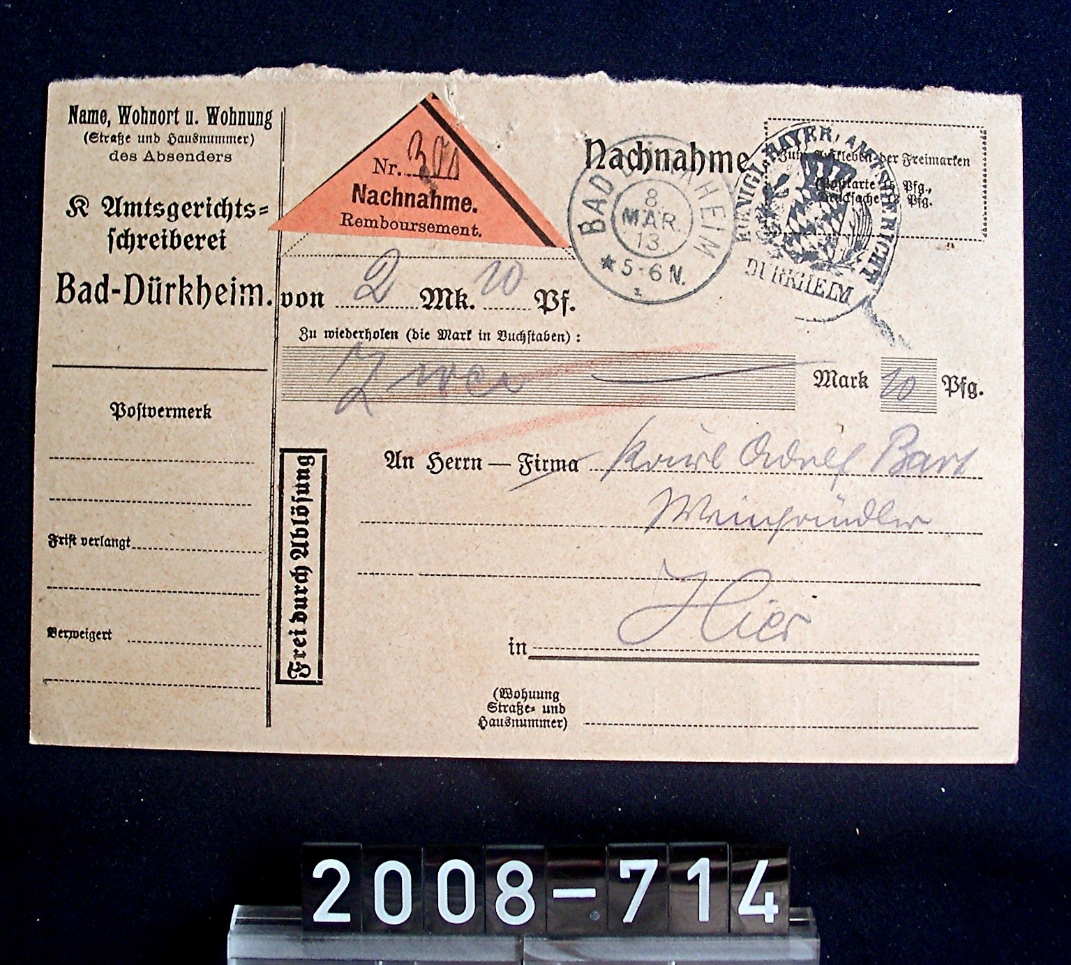 Amtsgerichtsschreiben für Herrn Adolf Bart; aus Nachlass der Sektkellerei Freudenmacher, Wachenheim; 1915 (Stadtmuseum Bad Dürkheim, Museumsgesellschaft Bad Dürkheim e.V. CC BY-NC-SA)