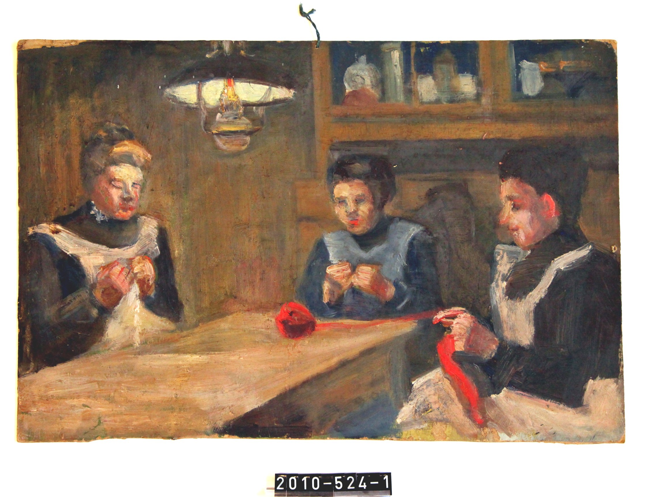 Bild; Ölgemälde; Vorderseite: "Drei strickende Frauen unter Petroleumlampe"; Else Wernz; um 1900 (Stadtmuseum Bad Dürkheim, Museumsgesellschaft Bad Dürkheim e.V. CC BY-NC-SA)