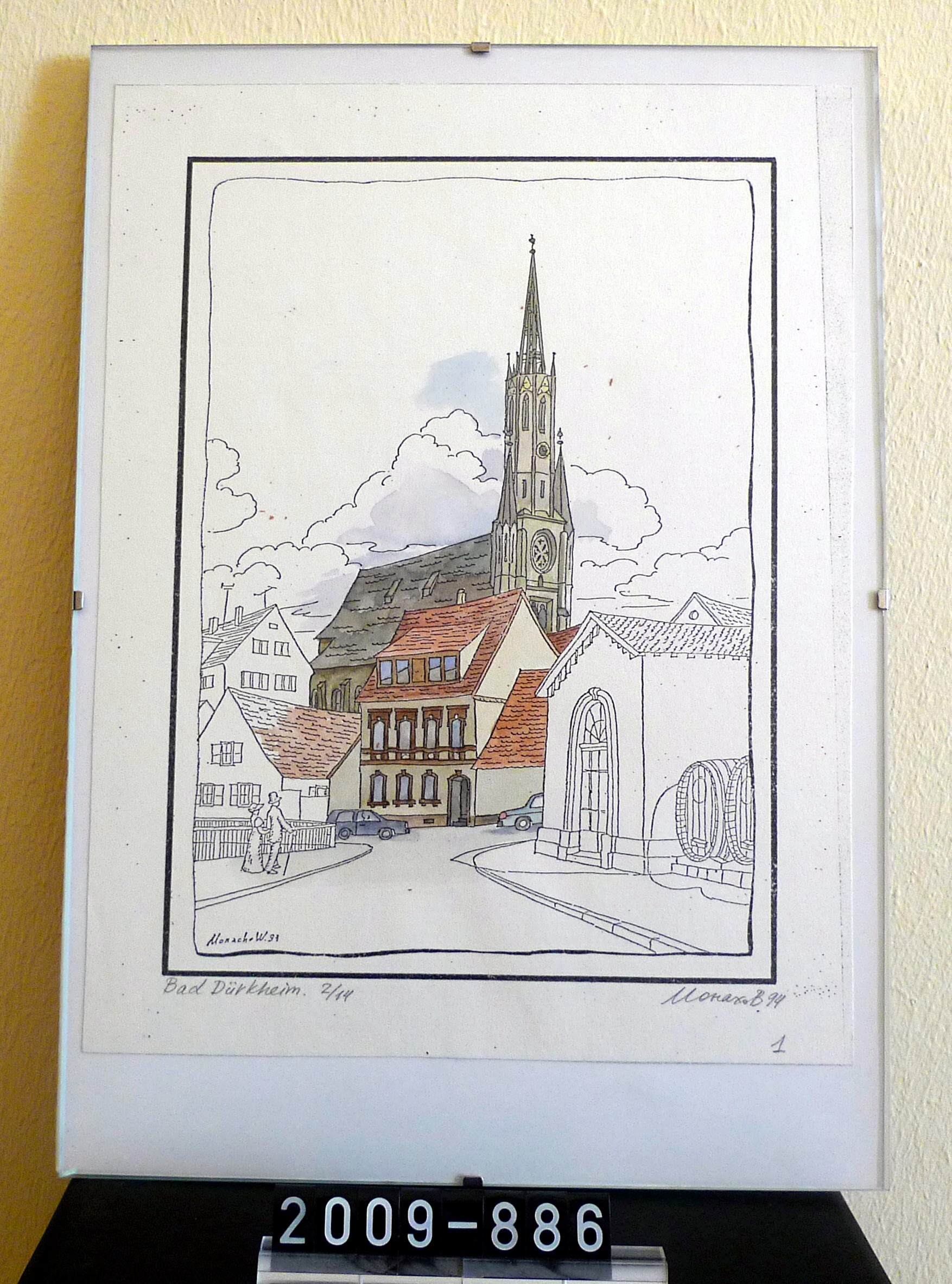 Bild; Druck: "Bad Dürkheim, Schlosskirche"; Monach; 20. Jh. (Stadtmuseum Bad Dürkheim, Museumsgesellschaft Bad Dürkheim e.V. CC BY-NC-SA)