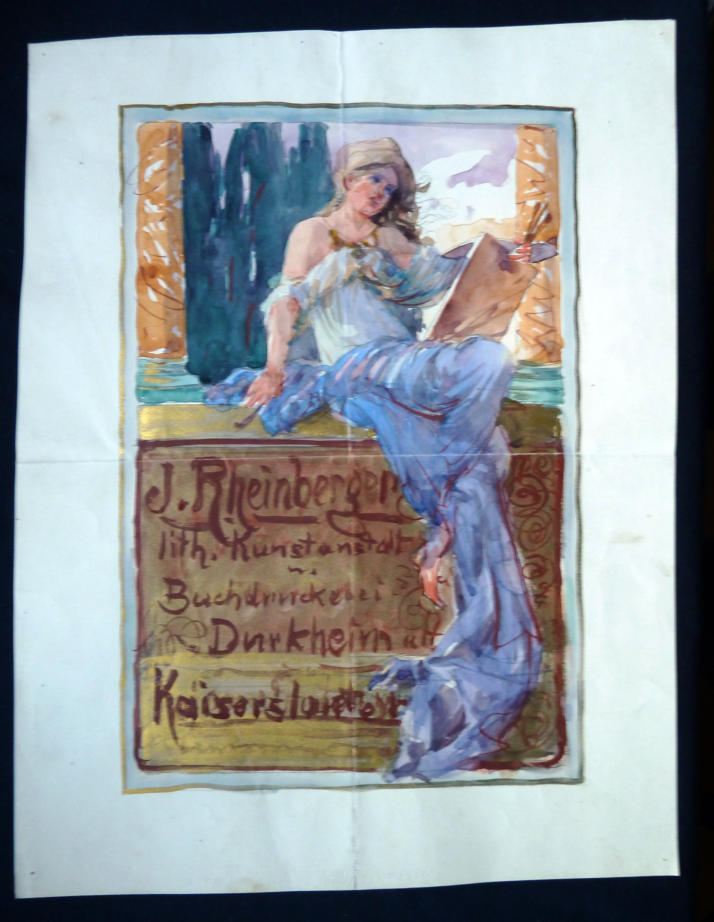 Bild, Farb-Zeichnung, Aquarell: Werbeplakat für J. Rheinberger; Valentin Dirion, Bad Dürkheim, 1900 (Stadtmuseum Bad Dürkheim, Museumsgesellschaft Bad Dürkheim e.V. CC BY-NC-SA)