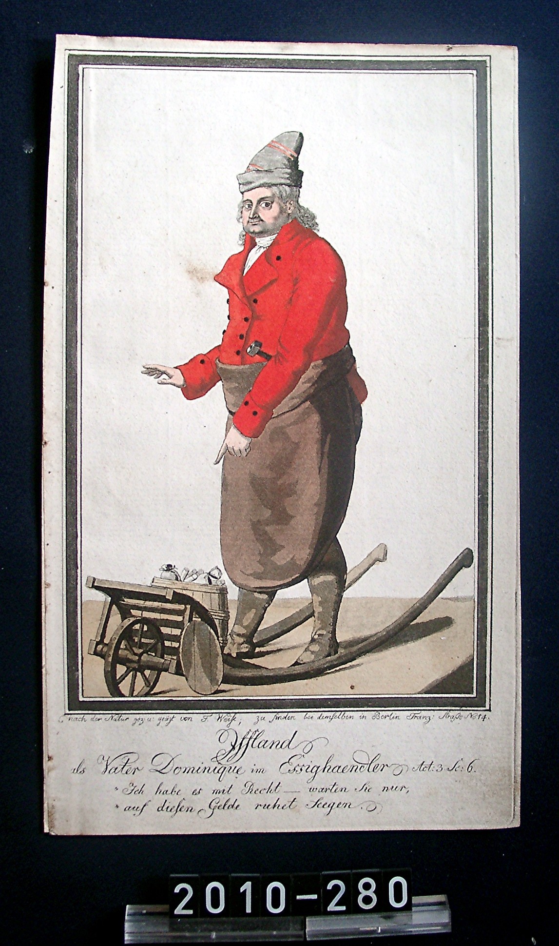 Bild; farbige Lithografie: "Iffland als Vater Dominique im Essighändler"; um 1800 (Stadtmuseum Bad Dürkheim, Museumsgesellschaft Bad Dürkheim e.V. CC BY-NC-SA)