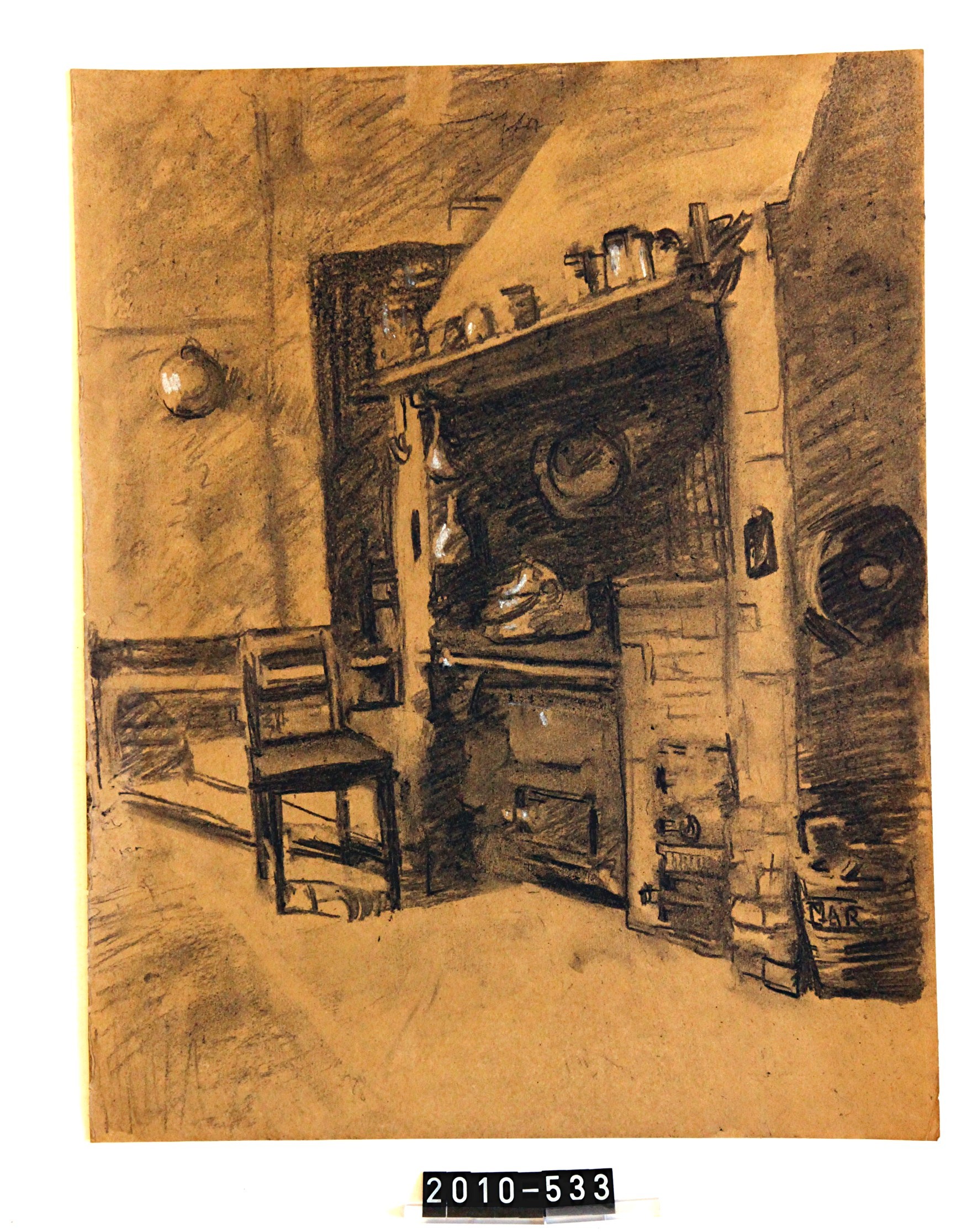 Bild; Graphitzeichnung; "Feuerstelle in der Küche"; Else Wernz; um 1900 (Stadtmuseum Bad Dürkheim, Museumsgesellschaft Bad Dürkheim e.V. CC BY-NC-SA)