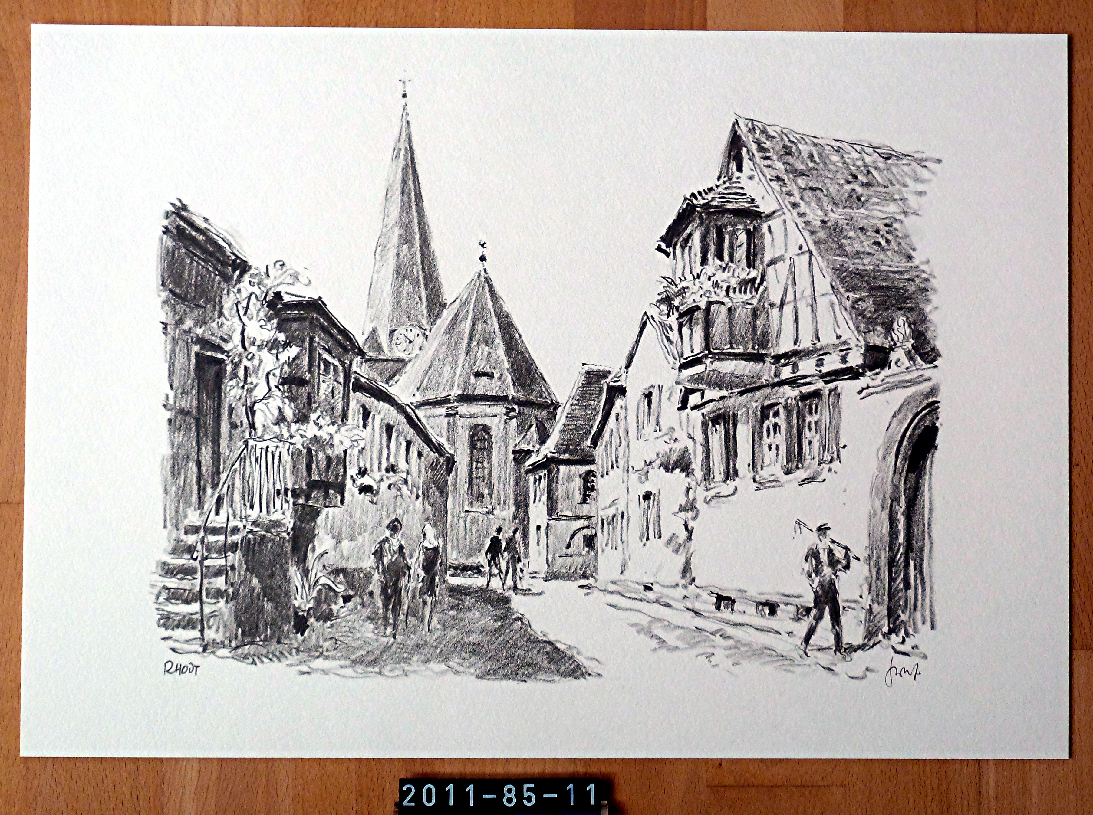 Bild; Zeichnung: "Rhodt"; in Kunstmappe: "Entlang der Deutschen Weinstraße"; Karl Graf; 1902 - 1986 (Stadtmuseum Bad Dürkheim, Museumsgesellschaft Bad Dürkheim e.V. CC BY-NC-SA)