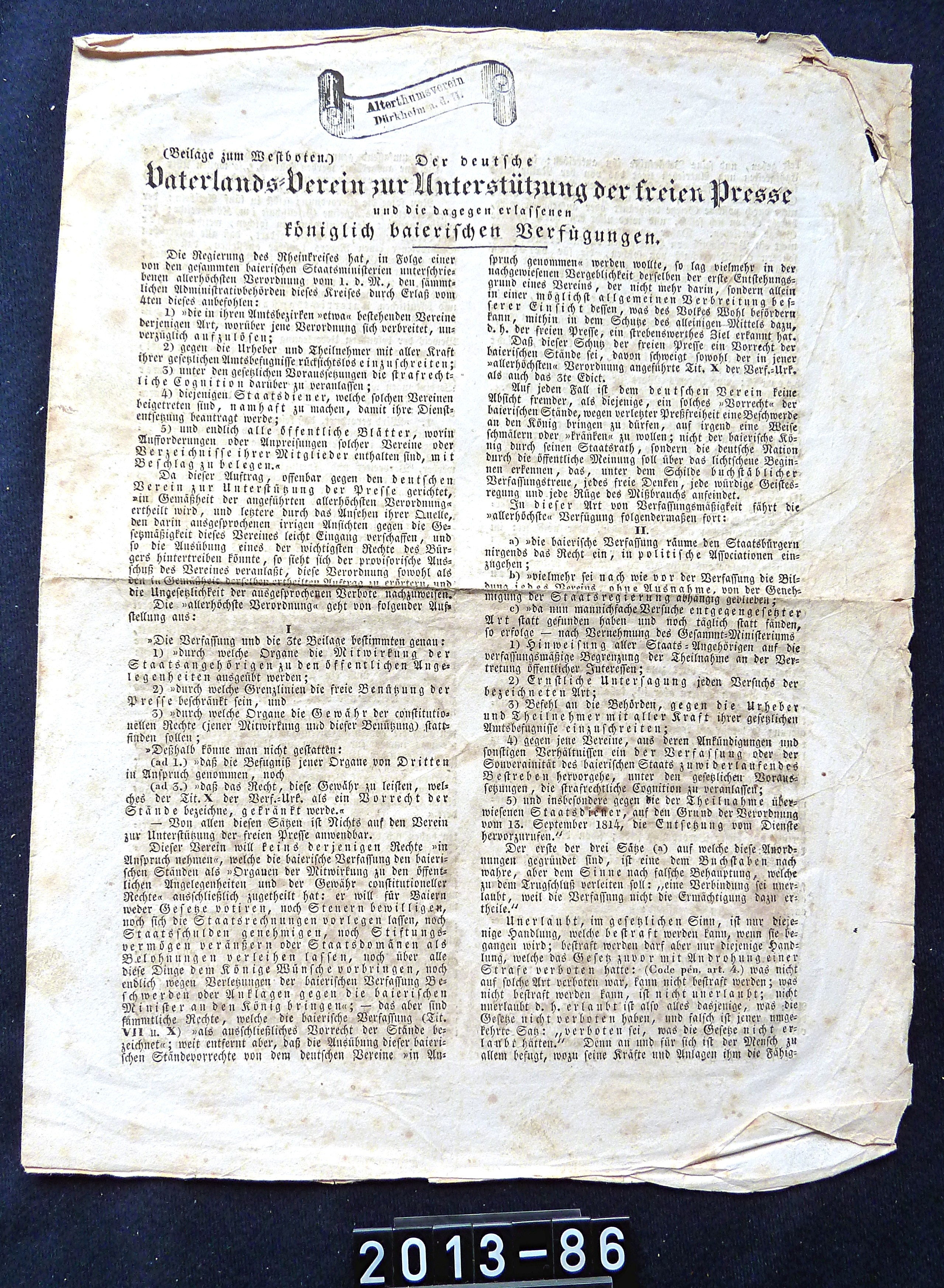 Blatt: "Vaterlandsverein zur Unterstützung der freien Presse", Neustadt, 1832 (Stadtmuseum Bad Dürkheim, Museumsgesellschaft Bad Dürkheim e.V. CC BY-NC-SA)