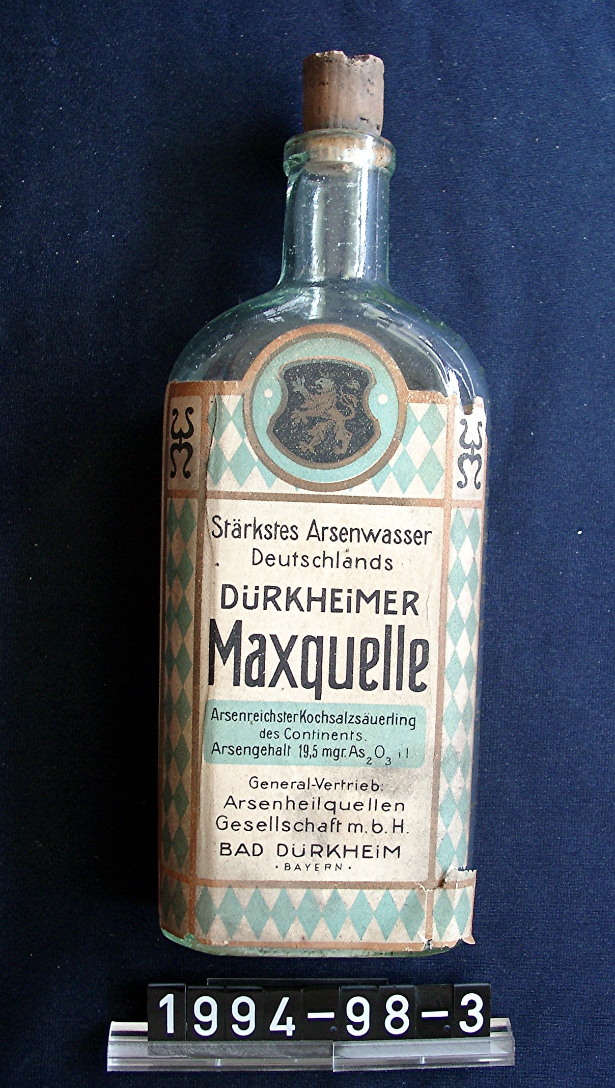Flasche; Arsenwasser-Flasche; Bad Dürkheimer Maxquelle; um 1910 (Stadtmuseum Bad Dürkheim, Museumsgesellschaft Bad Dürkheim e.V. CC BY-NC-SA)