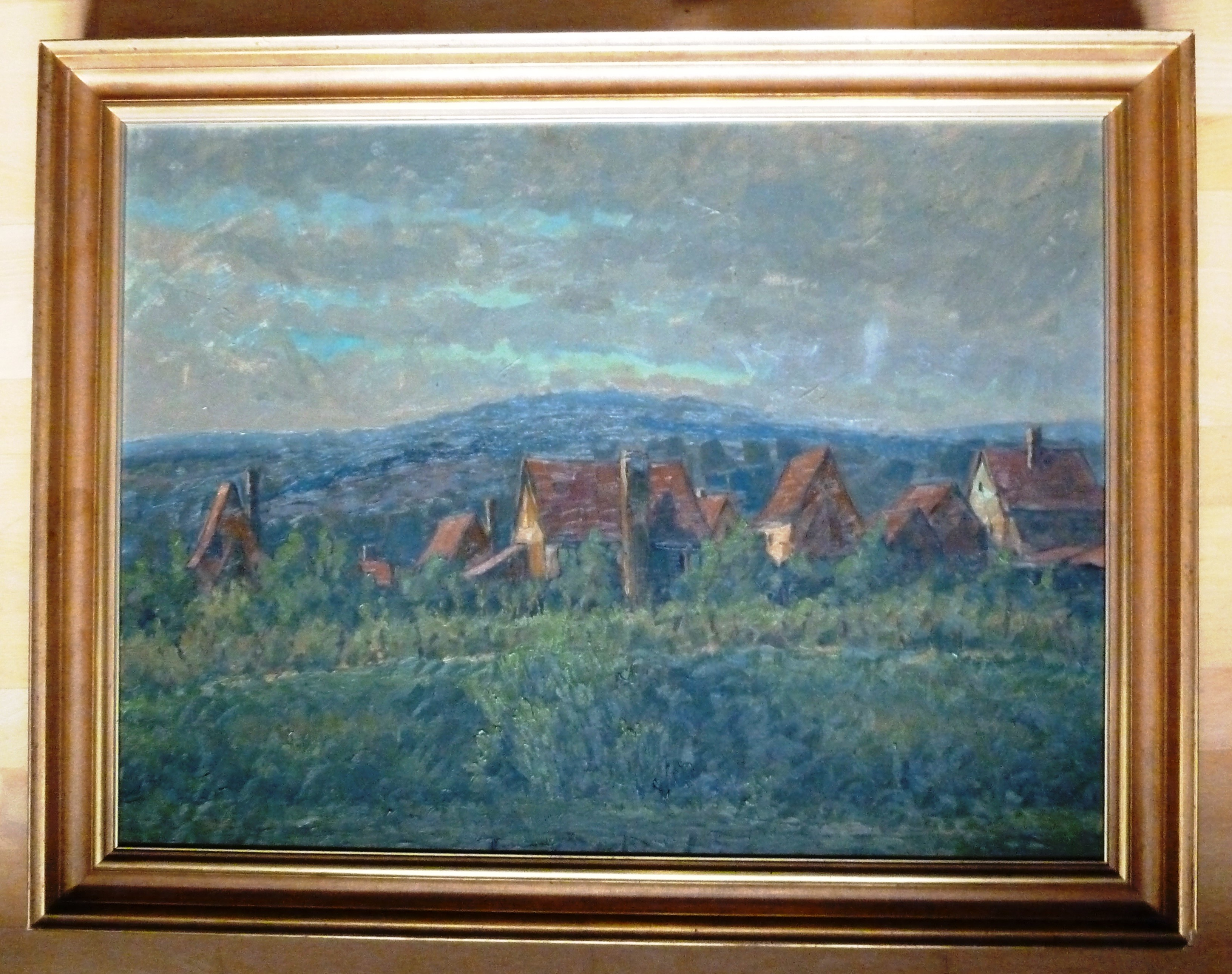 Malerei; Farb-Bild: Dorf in den Weinbergen; Öl auf Hartfaser; Carl Korbmann, 1950 (Stadtmuseum Bad Dürkheim, Museumsgesellschaft Bad Dürkheim e.V. CC BY-NC-SA)