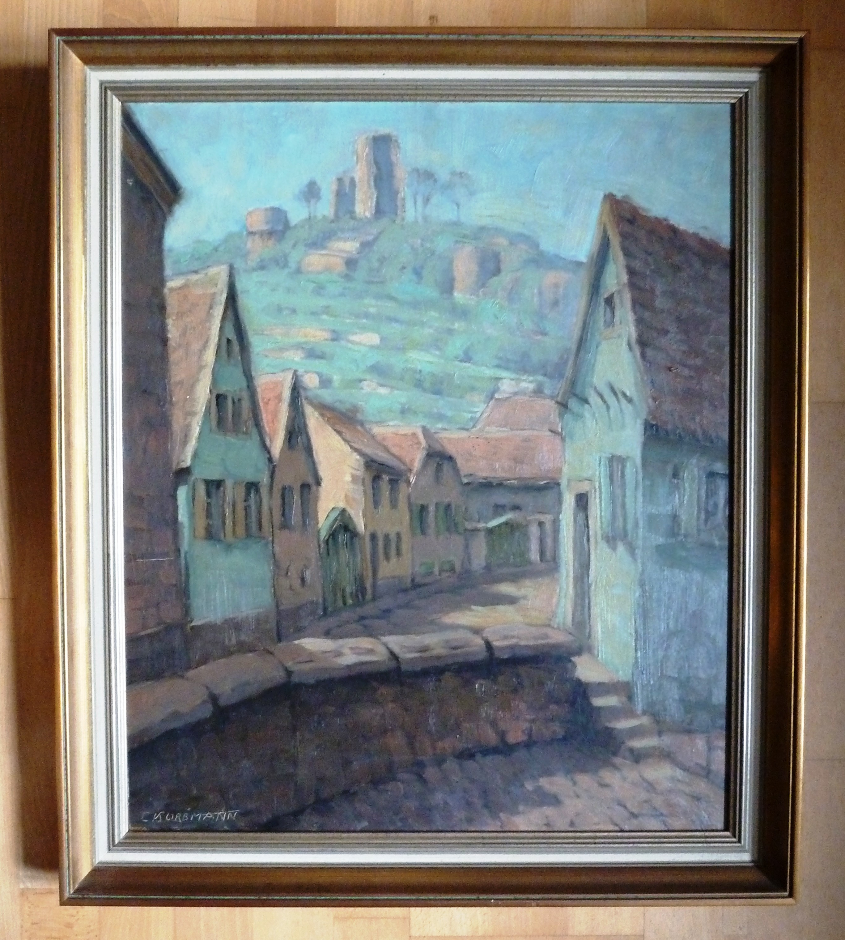 Malerei; Farb-Bild: Wachenheim mit Blick auf die Wachtenburg; Öl auf Leinwand; Carl Korbmann (Stadtmuseum Bad Dürkheim, Museumsgesellschaft Bad Dürkheim e.V. CC BY-NC-SA)