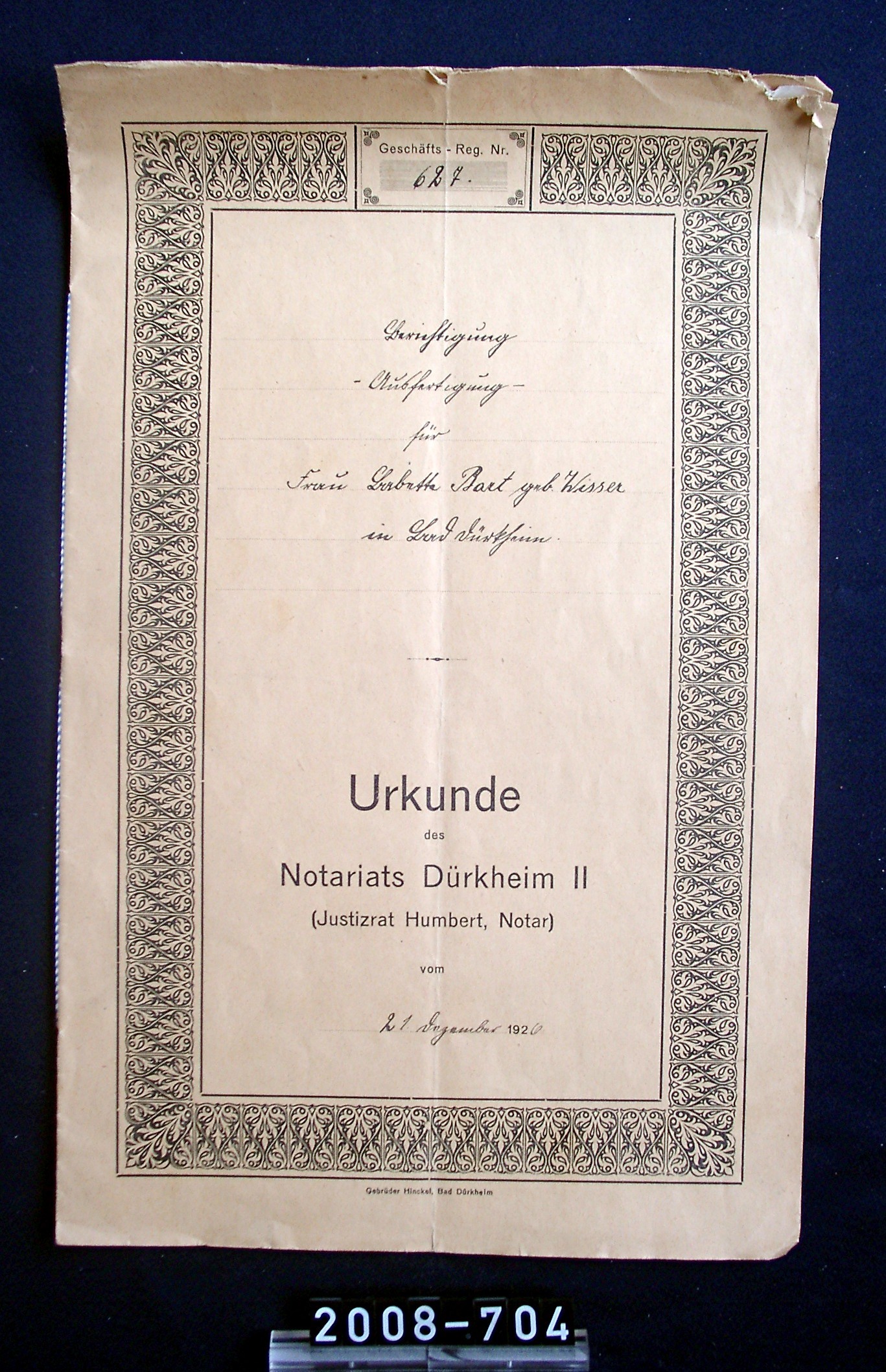 Notariats-Urkunde für Frau Babette Bart; aus Nachlass der Sektkellerei Freudenmacher, Wachenheim; 1926 (Stadtmuseum Bad Dürkheim, Museumsgesellschaft Bad Dürkheim e.V. CC BY-NC-SA)