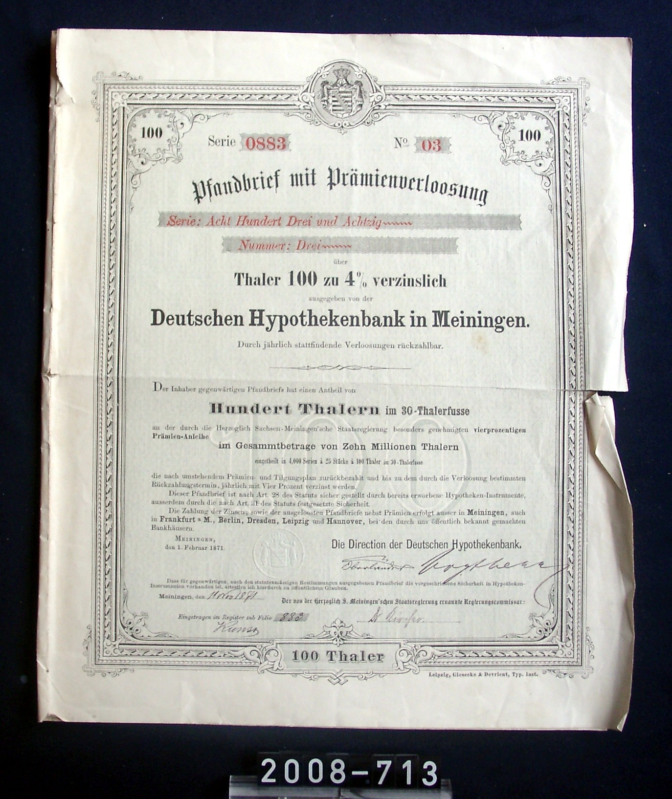 Pfandbrief über 100 Thaler; aus Nachlass der Sektkellerei Freudenmacher, Wachenheim; 1871 (Stadtmuseum Bad Dürkheim, Museumsgesellschaft Bad Dürkheim e.V. CC BY-NC-SA)