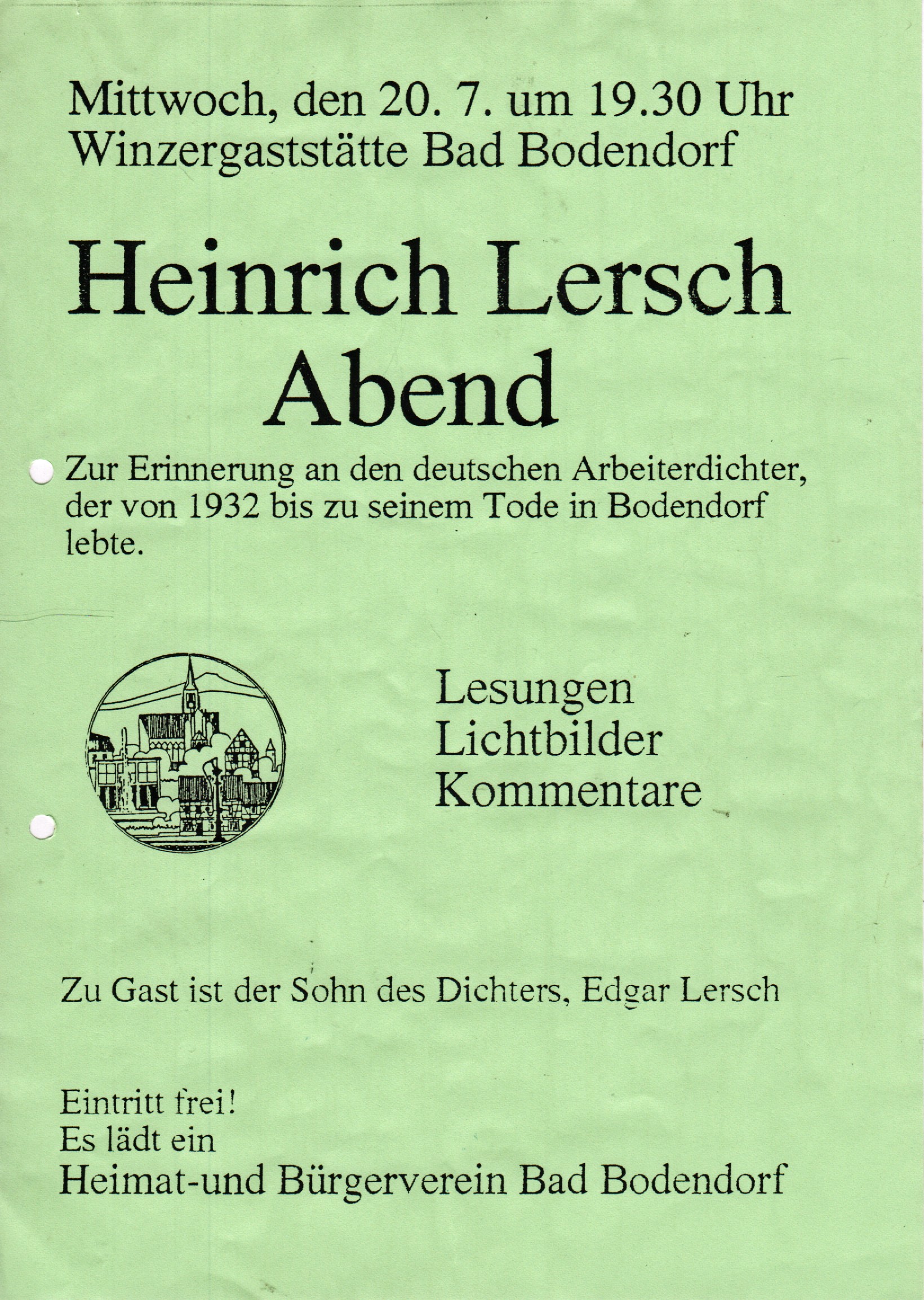 Plakat zu einem Vortrag über Heinrich Lersch (Heimatmuseum und -Archiv Bad Bodendorf CC BY-NC-SA)