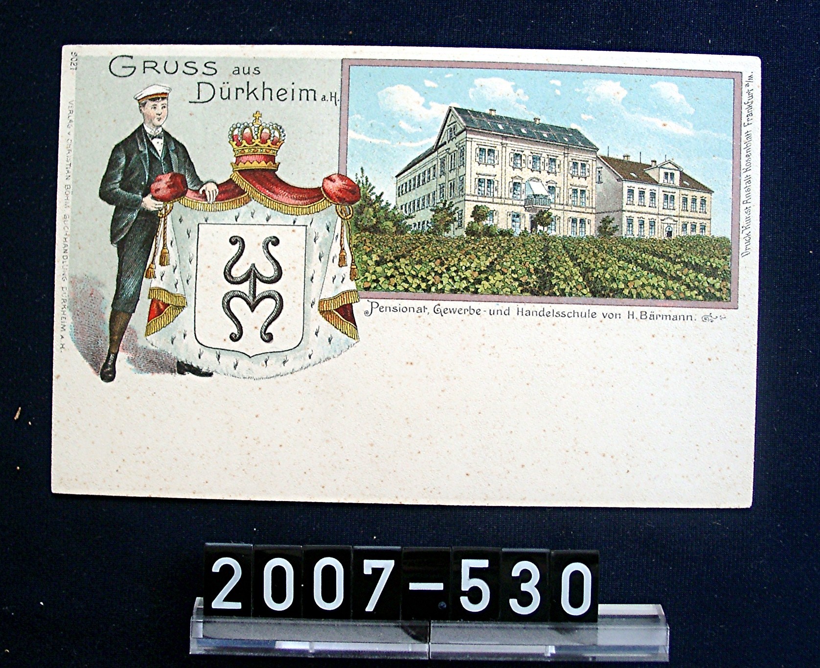 Postkarte; "Gruss aus Dürkheim a.H."; Abbildung: Pensionat von H. Bärmann (Stadtmuseum Bad Dürkheim, Museumsgesellschaft Bad Dürkheim e.V. CC BY-NC-SA)