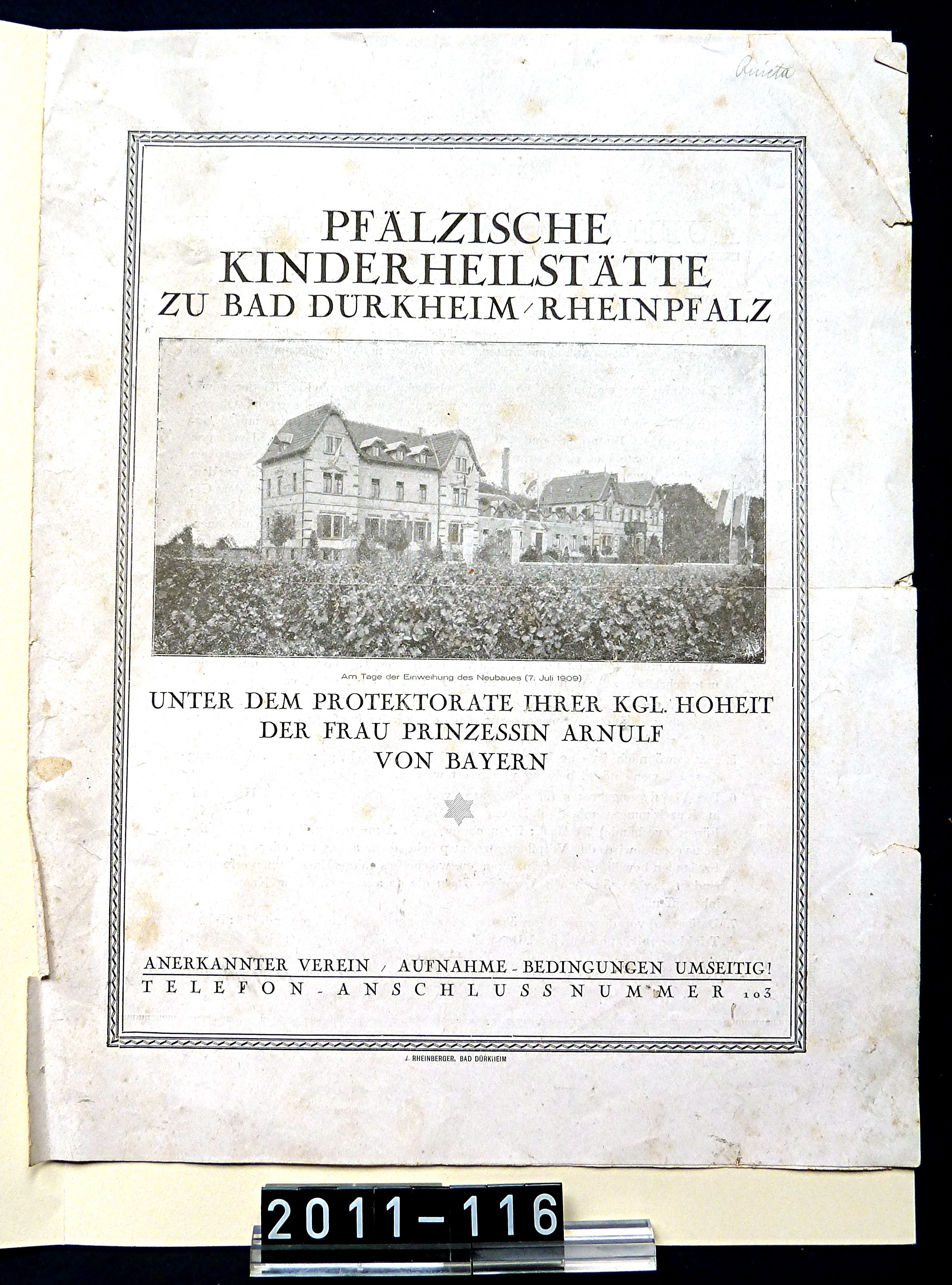 Prospekt; Faltblatt: "Pfälzische Kinderheilstätte zu Bad Dürkheim/Rheinpfalz"; aus dem Nachlaß von Valentin Dirion (Stadtmuseum Bad Dürkheim, Museumsgesellschaft Bad Dürkheim e.V. CC BY-NC-SA)