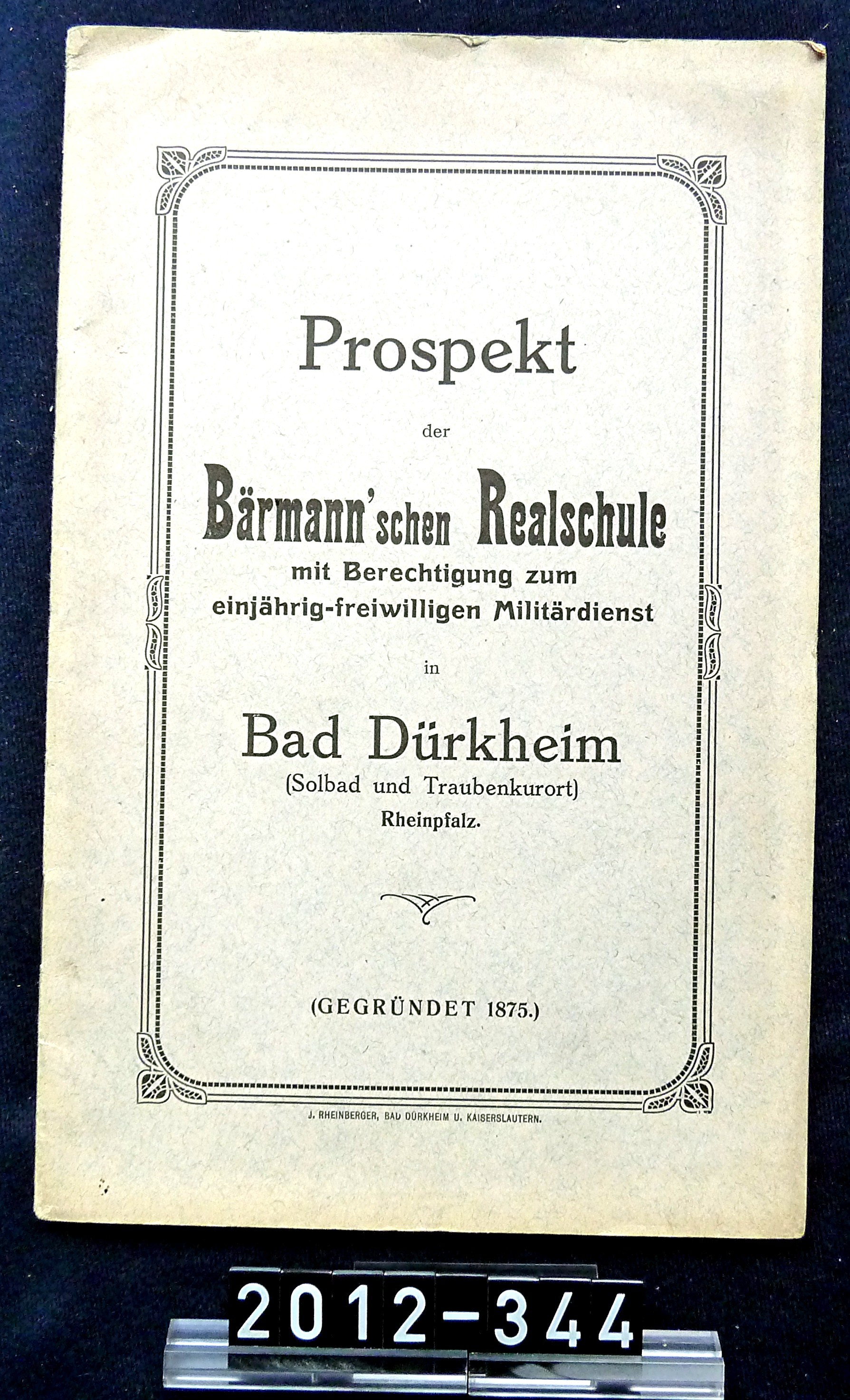 Prospekt: "Prospekt der Bärmann´schen Realschule"; H. Bärmann; um 1830 (Stadtmuseum Bad Dürkheim, Museumsgesellschaft Bad Dürkheim e.V. CC BY-NC-SA)