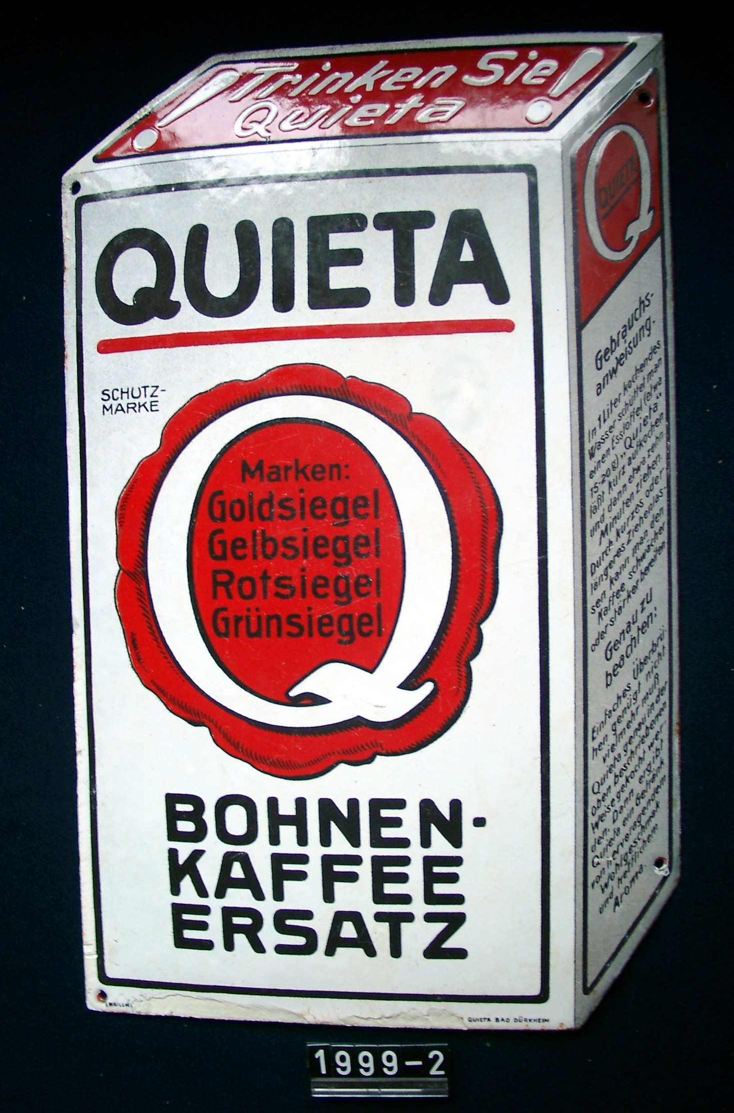 Reklameschild: QUIETA; BOHNENKAFFEE ERSATZ; um 1920 (Stadtmuseum Bad Dürkheim, Museumsgesellschaft Bad Dürkheim e.V. CC BY-NC-SA)