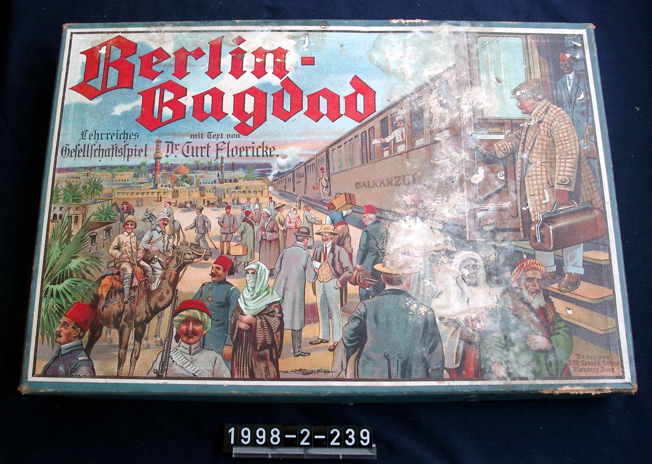 Spielschachtel mit Spiel "Berlin-Bagdad"; um 1910 (Stadtmuseum Bad Dürkheim, Museumsgesellschaft Bad Dürkheim e.V. CC BY-NC-SA)