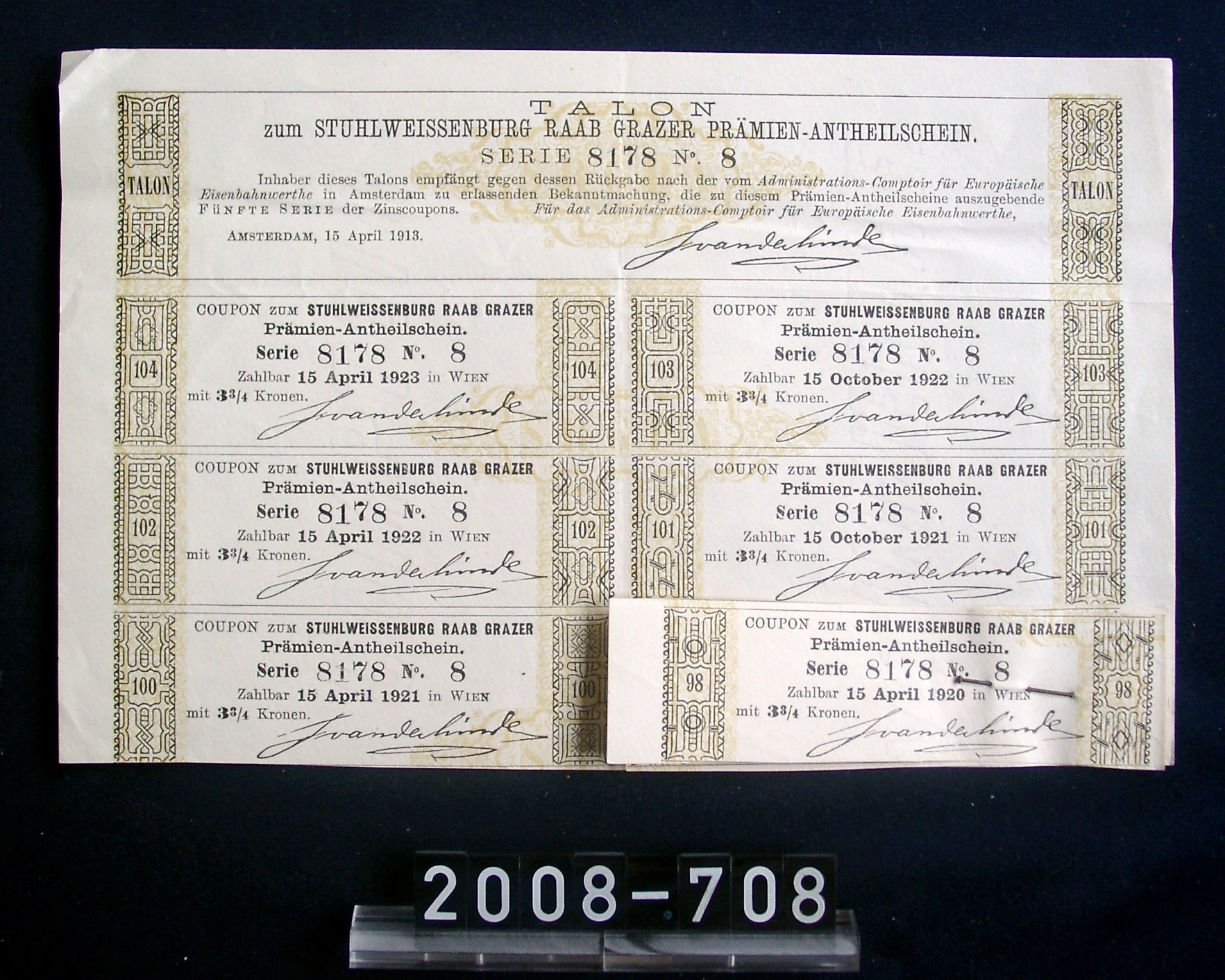 Talon zum Stuhlweissenburg Raab Grazer Prämienanteilschein; aus Nachlass der Sektkellerei Freudenmacher, Wachenheim; um 1920 (Stadtmuseum Bad Dürkheim, Museumsgesellschaft Bad Dürkheim e.V. CC BY-NC-SA)
