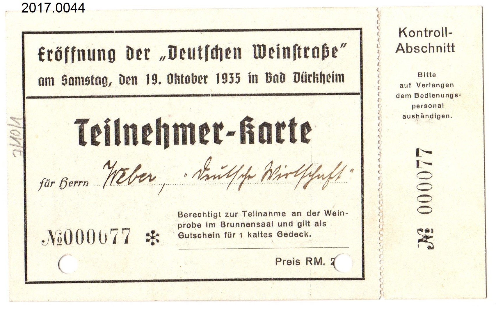 Teilnehmerkarte Eröffnungd. "Deutschen Weinstraße" 1935 in Bad Dürkheim Brunnenhalle (Stadtmuseum Bad Dürkheim, Museumsgesellschaft Bad Dürkheim e.V. CC BY-NC-SA)