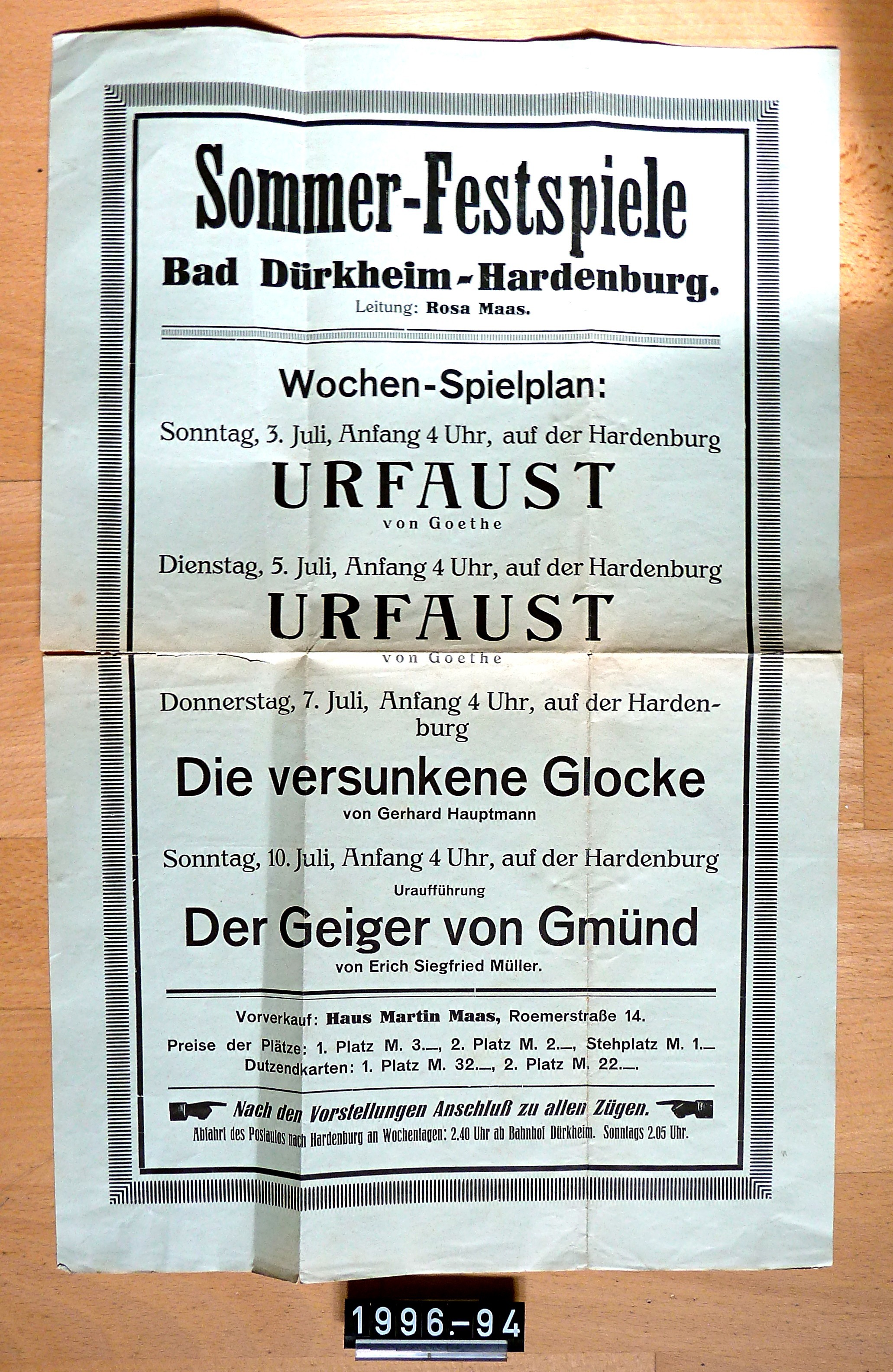 Theaterplakat: "Sommerfestspiele: Urfaust, Die versunkene Glocke …"; Hardenburg, Rosa Maas (Stadtmuseum Bad Dürkheim, Museumsgesellschaft Bad Dürkheim e.V. CC BY-NC-SA)