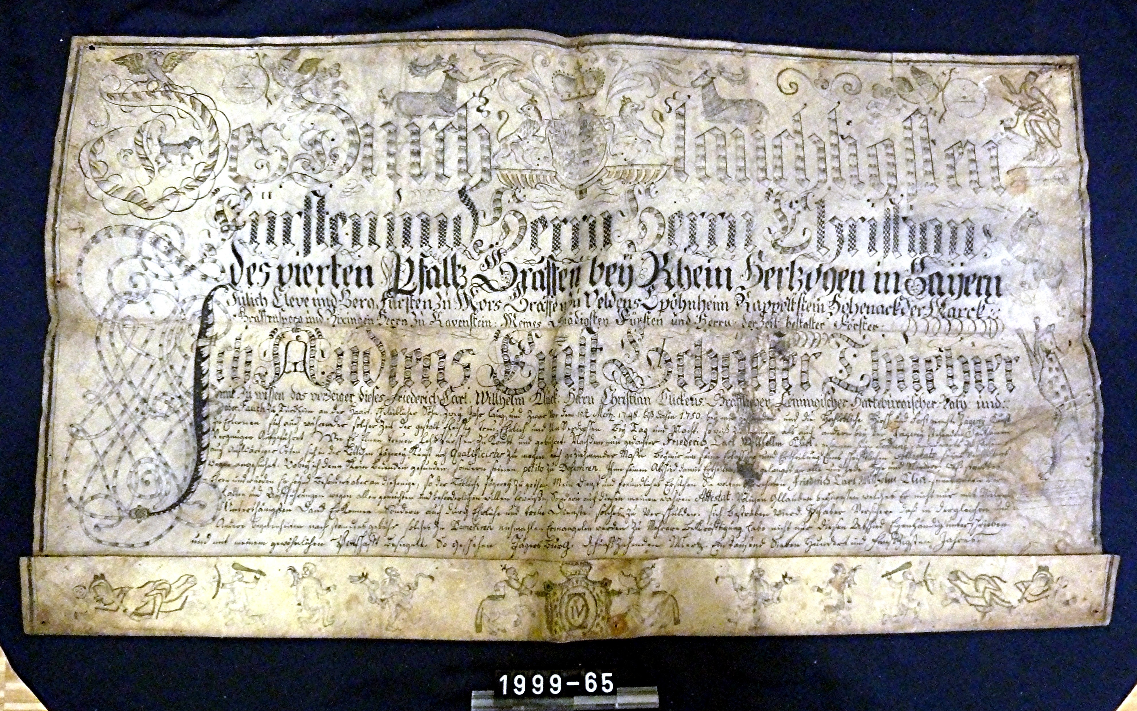 Urkunde: "Zeugnis für einen Förster aus Dürkheim"; Tusche auf Pergament; 1750 (Stadtmuseum Bad Dürkheim, Museumsgesellschaft Bad Dürkheim e.V. CC BY-NC-SA)