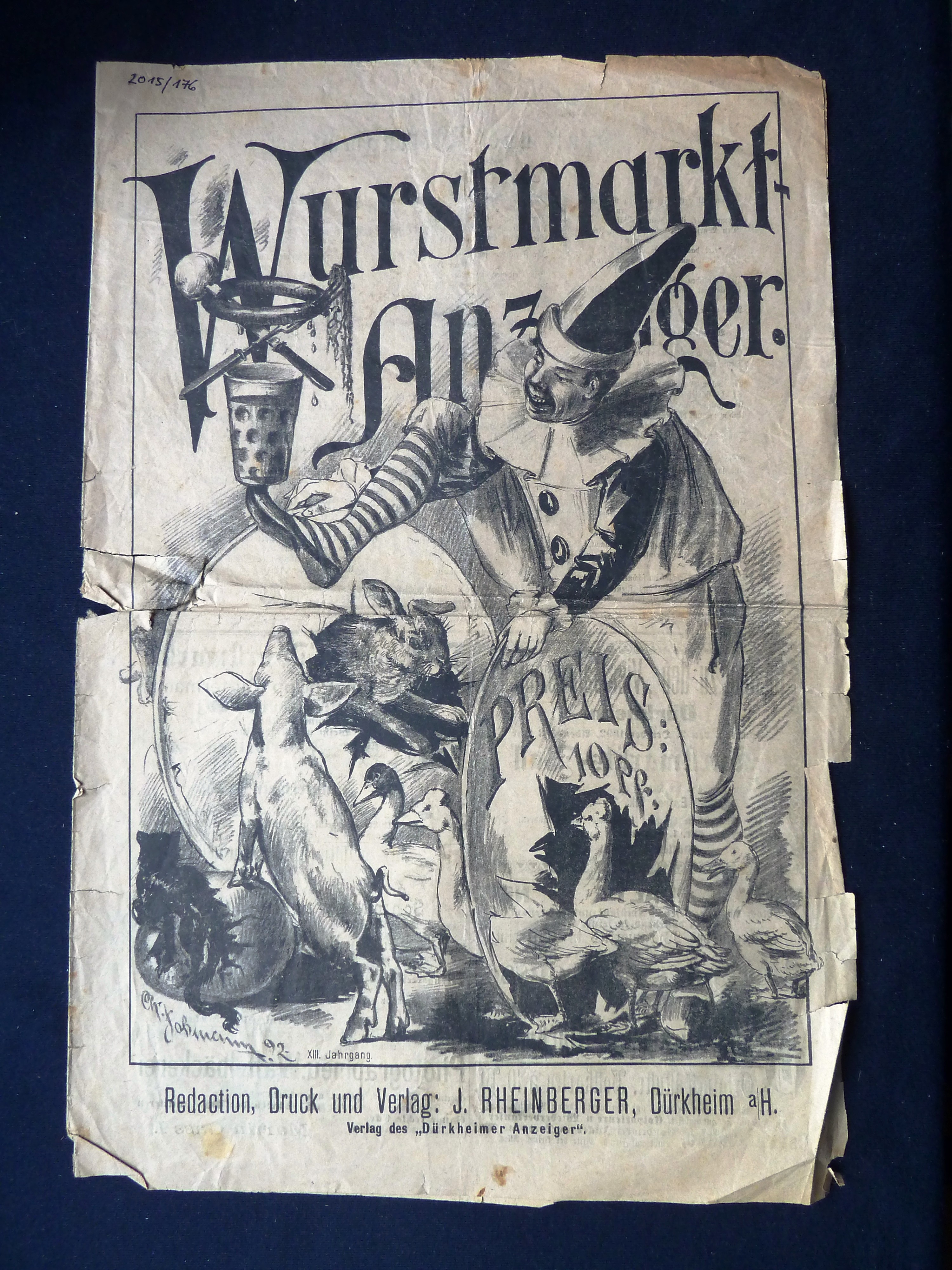 Zeitung; Anzeiger: "Wurstmarkt-Anzeiger"; J. Rheinberger, V. Dirion; Dürkheim a/H.; 1892 (Stadtmuseum Bad Dürkheim, Museumsgesellschaft Bad Dürkheim e.V. CC BY-NC-SA)