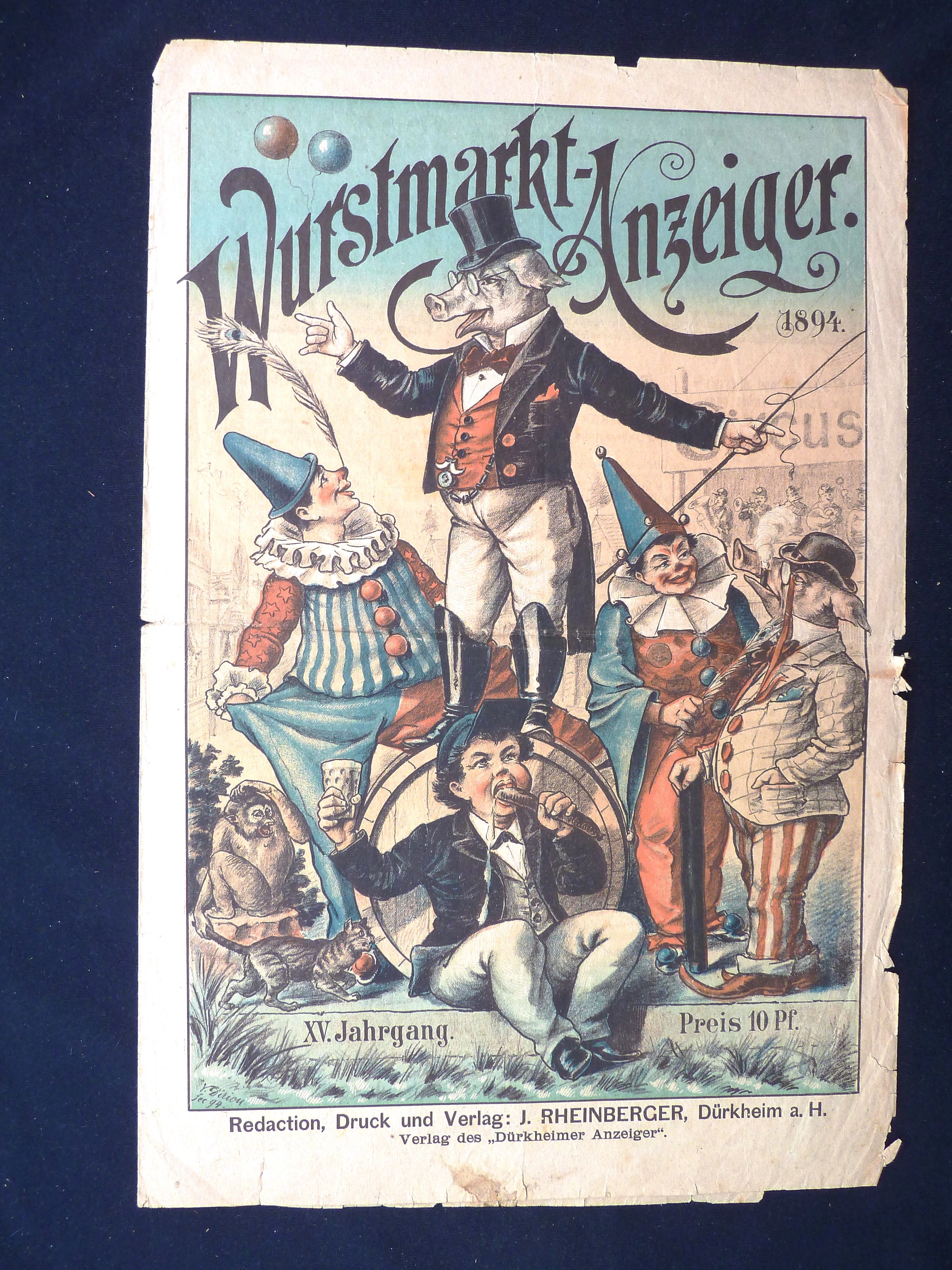 Zeitung; Anzeiger: "Wurstmarkt-Anzeiger"; J. Rheinberger, V. Dirion; Dürkheim a/H.; 1894 (Stadtmuseum Bad Dürkheim, Museumsgesellschaft Bad Dürkheim e.V. CC BY-NC-SA)