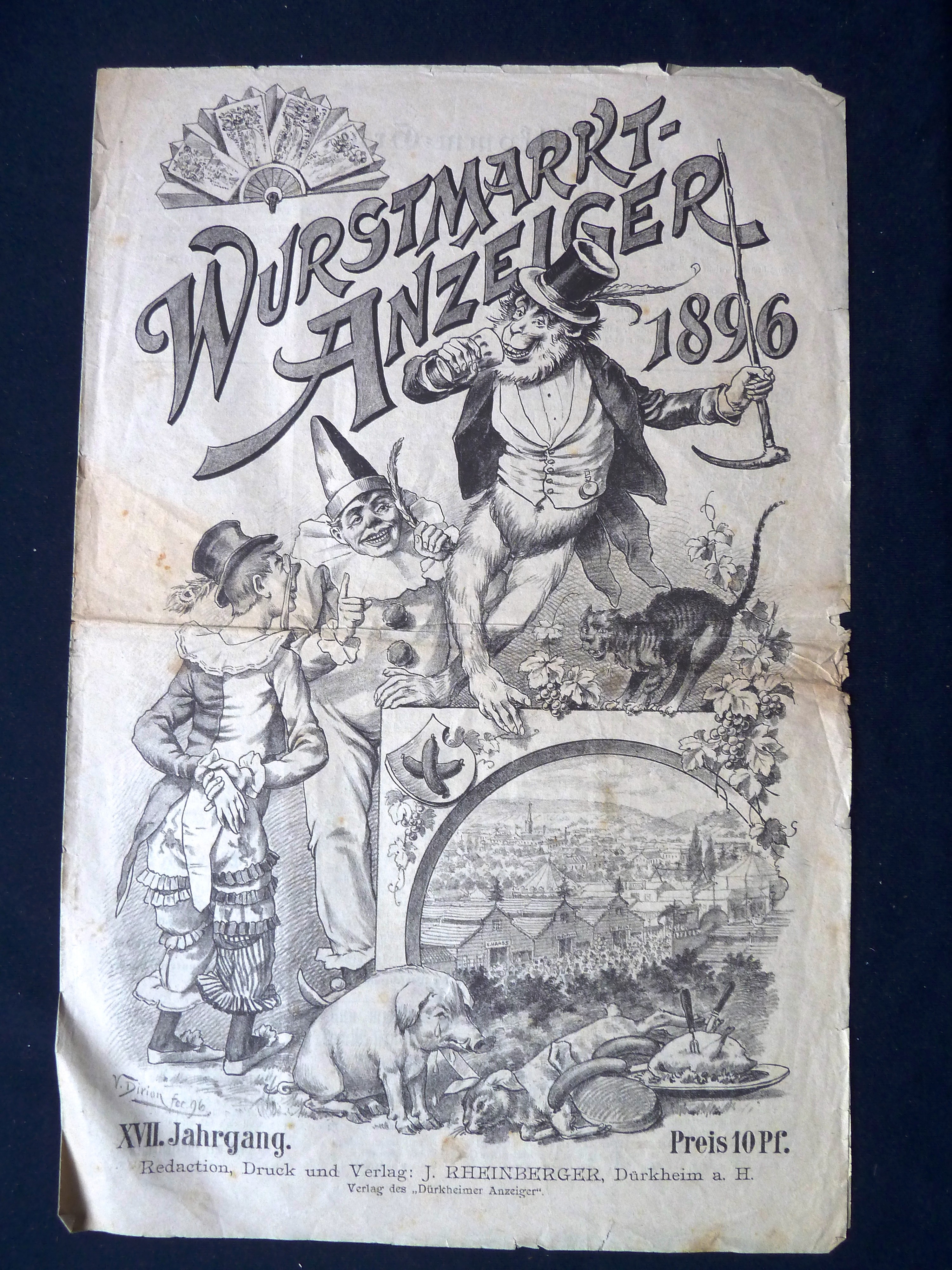 Zeitung; Anzeiger: "Wurstmarkt-Anzeiger"; J. Rheinberger, V. Dirion; Dürkheim a/H.; 1896 (Stadtmuseum Bad Dürkheim, Museumsgesellschaft Bad Dürkheim e.V. CC BY-NC-SA)