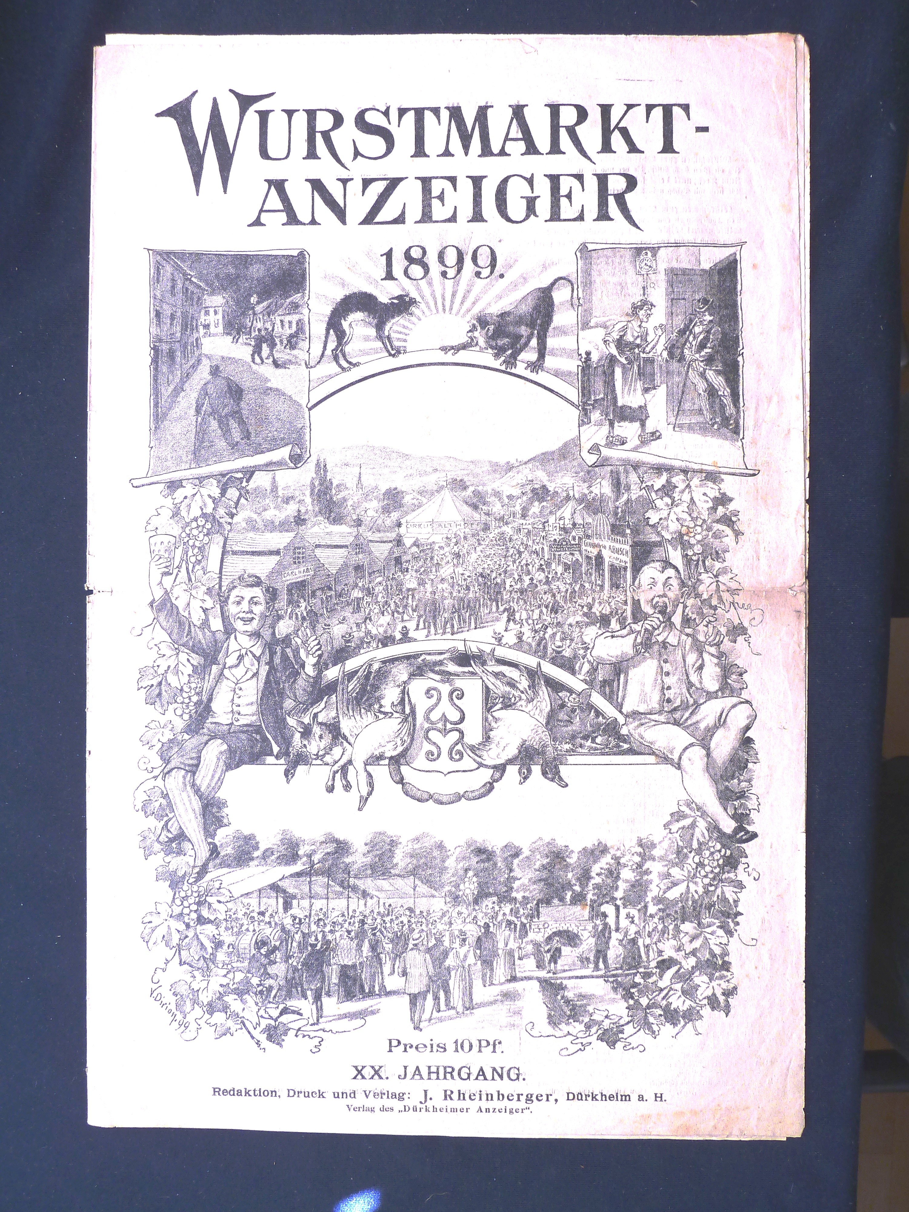 Zeitung; Anzeiger: "Wurstmarkt-Anzeiger"; J. Rheinberger, V. Dirion; Dürkheim a/H.; 1899 (Stadtmuseum Bad Dürkheim, Museumsgesellschaft Bad Dürkheim e.V. CC BY-NC-SA)