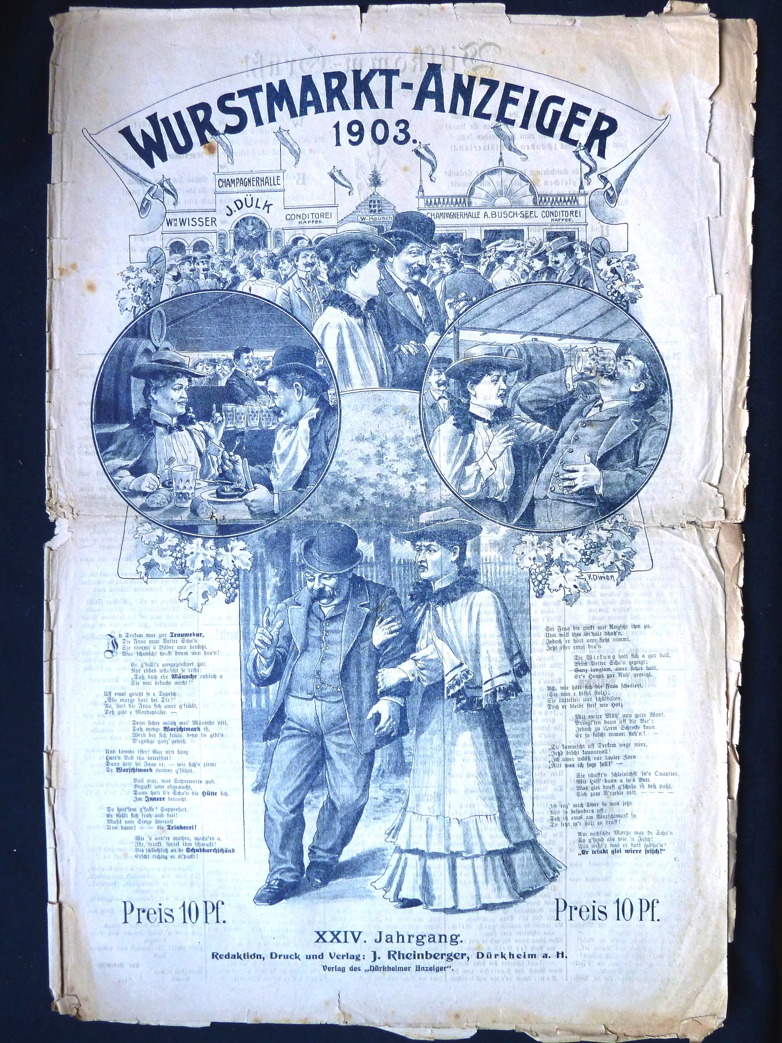 Zeitung; Anzeiger: "Wurstmarkt-Anzeiger"; J. Rheinberger, V. Dirion; Dürkheim a/H.; 1903 (Stadtmuseum Bad Dürkheim, Museumsgesellschaft Bad Dürkheim e.V. CC BY-NC-SA)