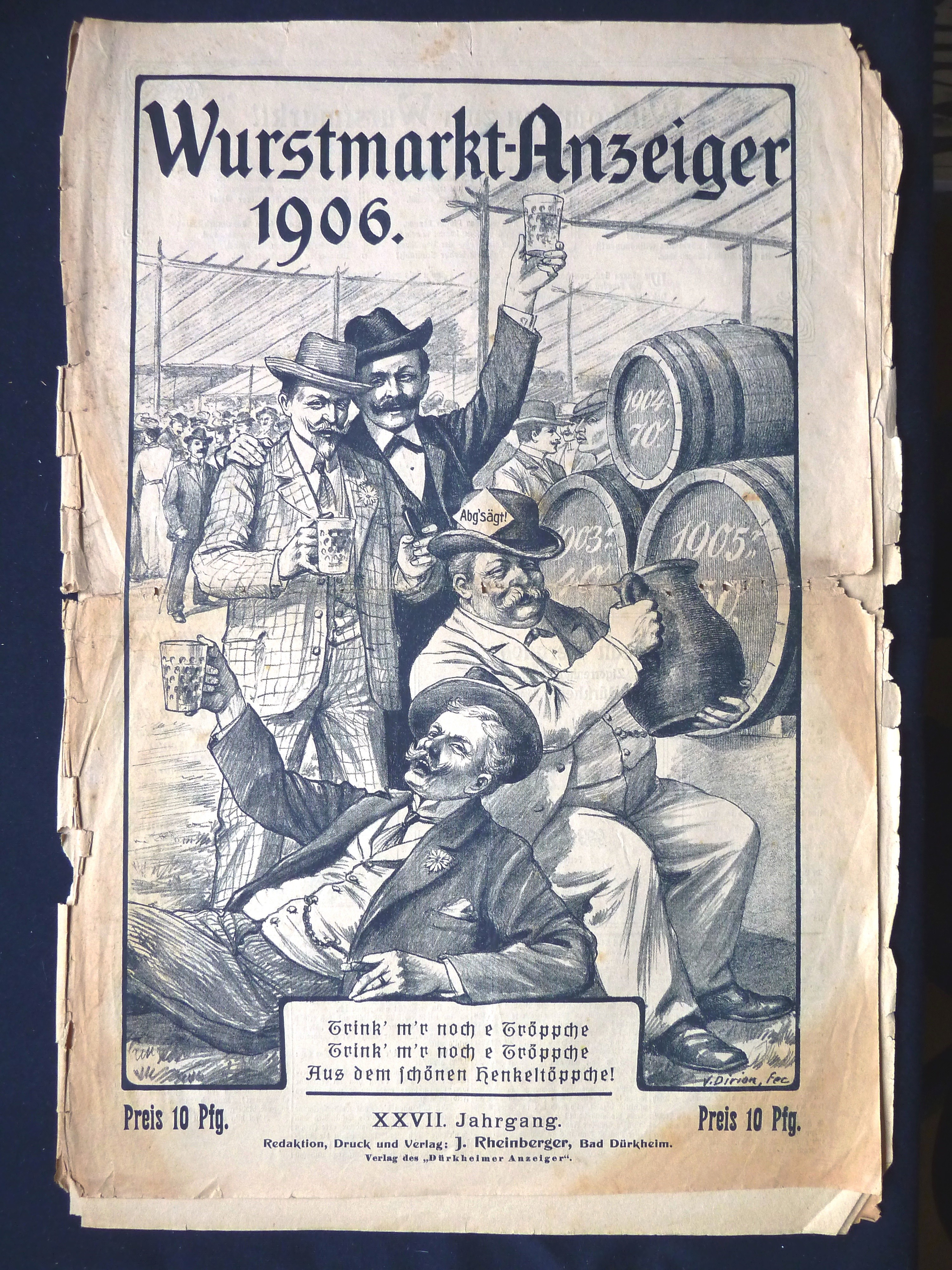 Zeitung; Anzeiger: "Wurstmarkt-Anzeiger"; J. Rheinberger, V. Dirion; Dürkheim a/H.; 1906 (Stadtmuseum Bad Dürkheim, Museumsgesellschaft Bad Dürkheim e.V. CC BY-NC-SA)