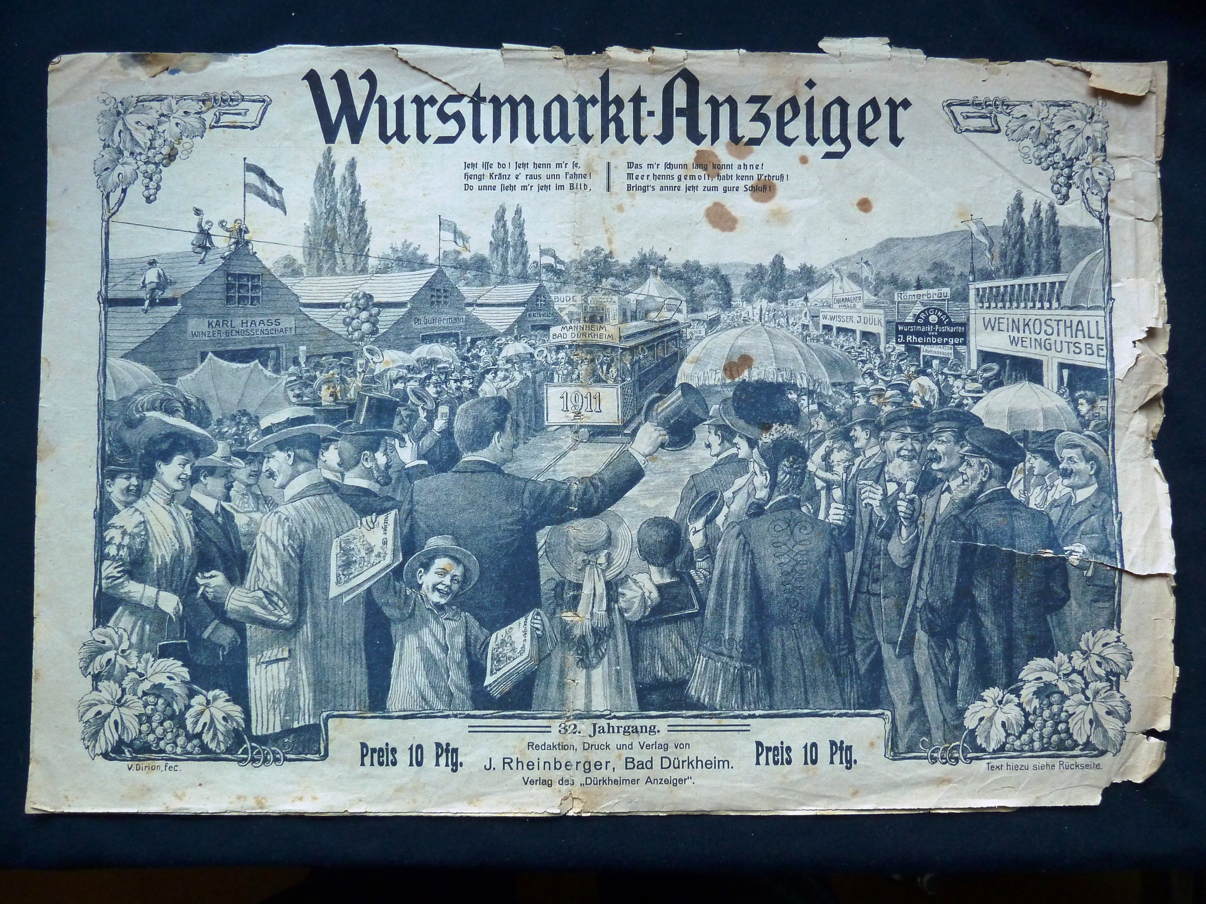 Zeitung; Anzeiger: "Wurstmarkt-Anzeiger"; J. Rheinberger, V. Dirion; Dürkheim a/H.; 1911 (Stadtmuseum Bad Dürkheim, Museumsgesellschaft Bad Dürkheim e.V. CC BY-NC-SA)