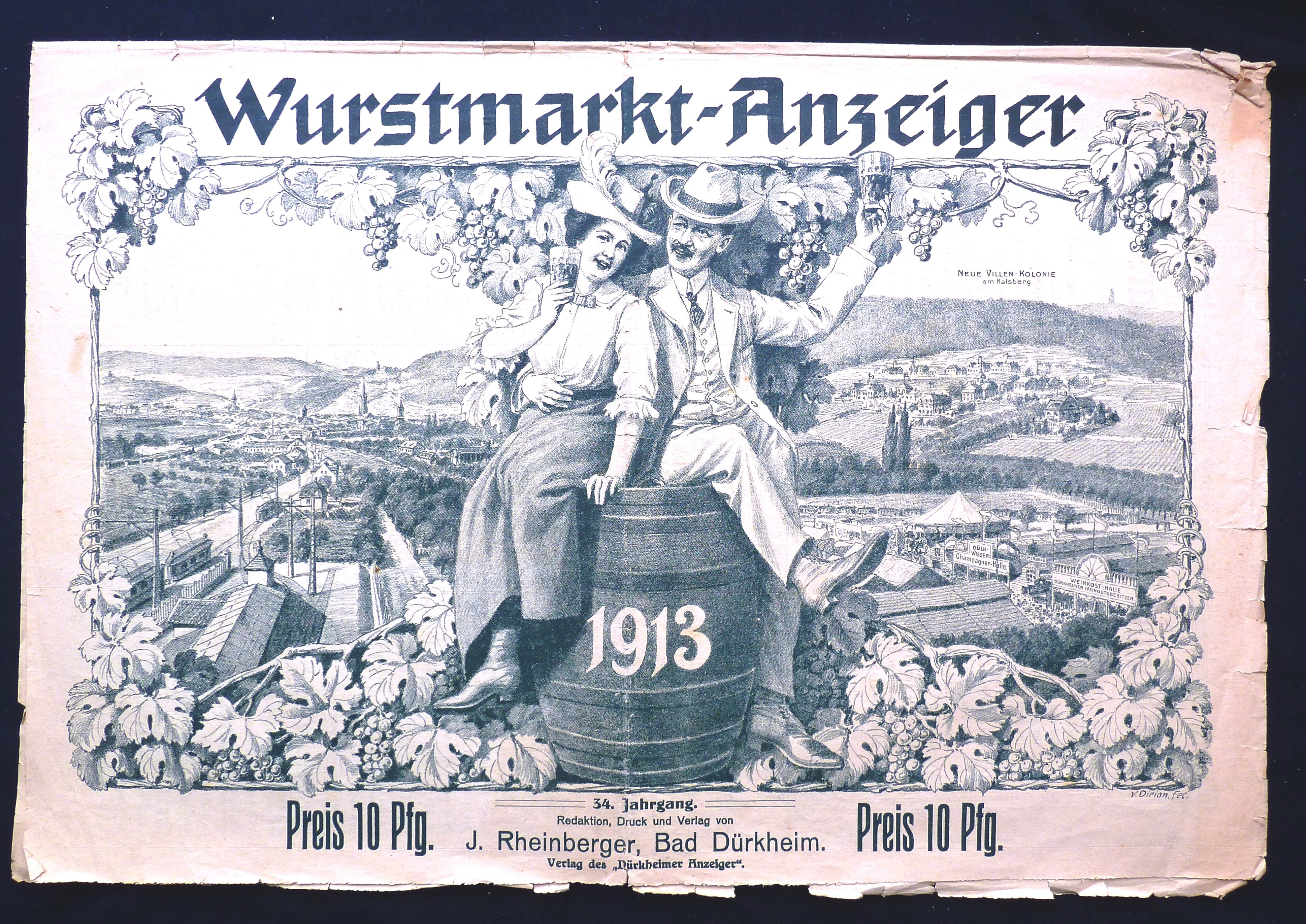 Zeitung; Anzeiger: "Wurstmarkt-Anzeiger"; J. Rheinberger, V. Dirion; Dürkheim a/H.; 1913 (Stadtmuseum Bad Dürkheim, Museumsgesellschaft Bad Dürkheim e.V. CC BY-NC-SA)