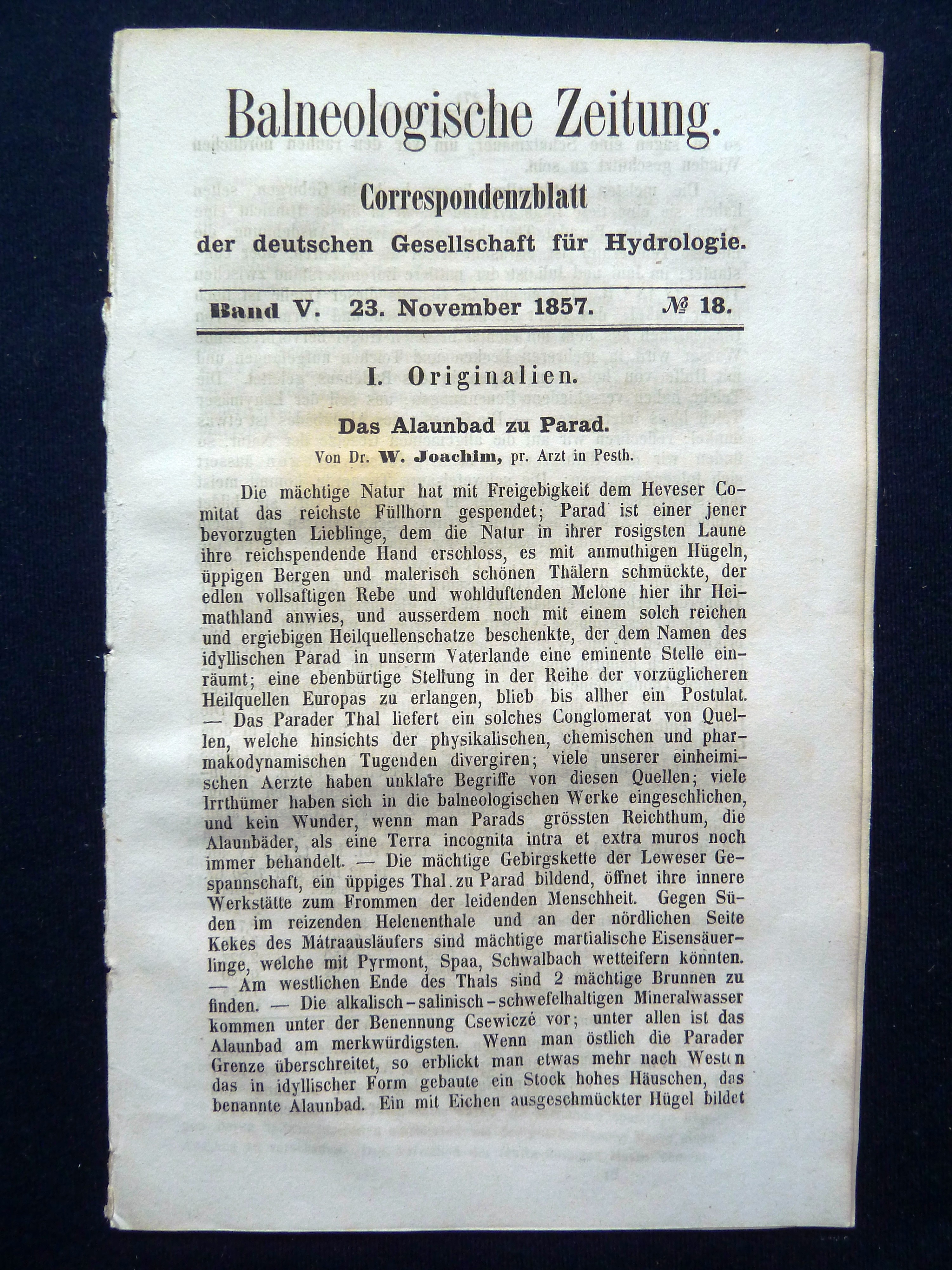 Zeritung; "Balneologische Zeitung", Correspondenzblatt der deutschen Gesellschaft für Hydrologie; 23.November 1857 (Stadtmuseum Bad Dürkheim, Museumsgesellschaft Bad Dürkheim e.V. CC BY-NC-SA)