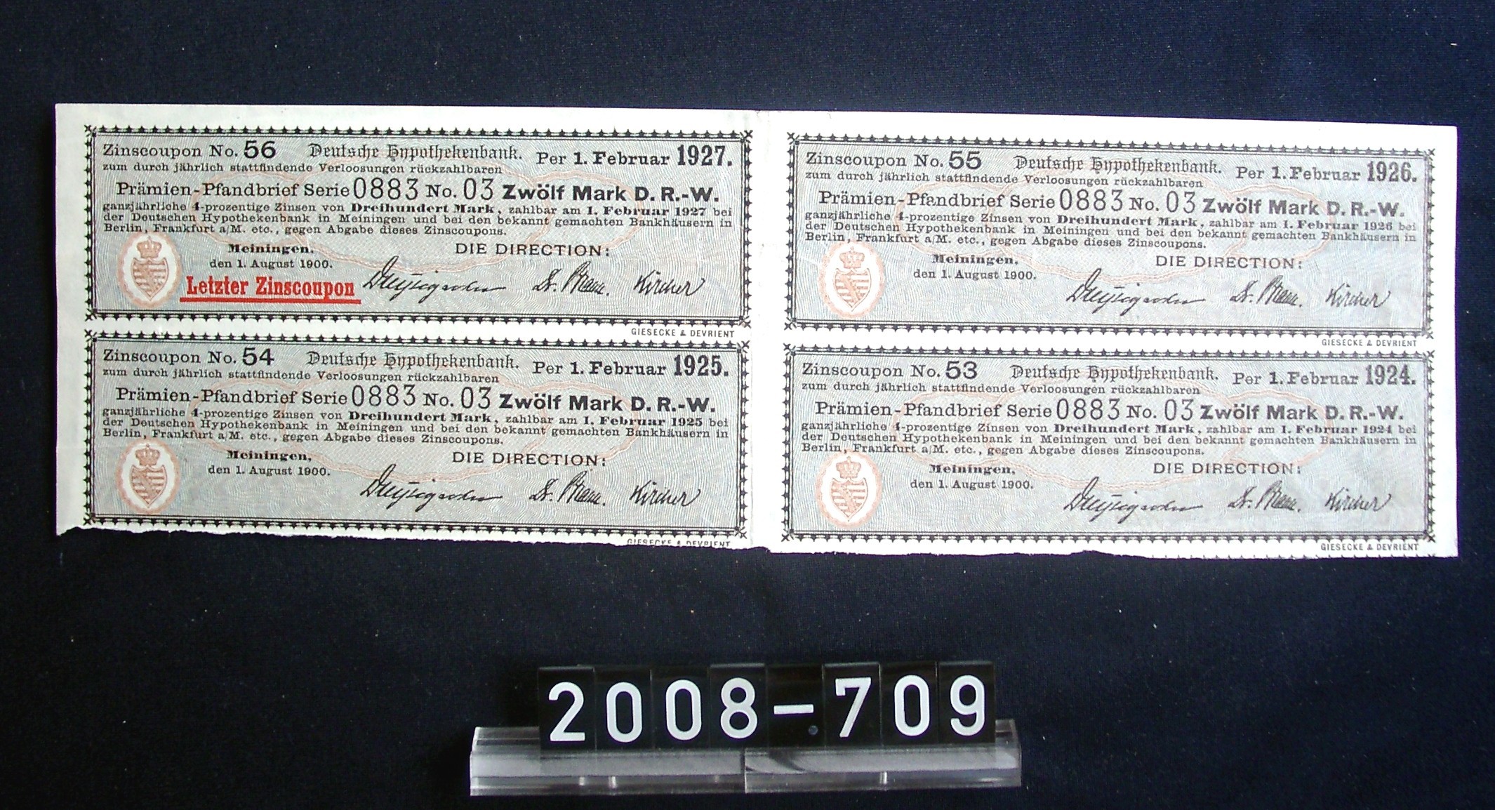 Zins-Coupons zu Prämienpfandbrief von 300 Mark; aus Nachlass der Sektkellerei Freudenmacher, Wachenheim; um 1925 (Stadtmuseum Bad Dürkheim, Museumsgesellschaft Bad Dürkheim e.V. CC BY-NC-SA)