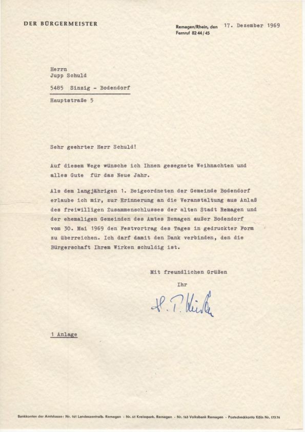 Brief von Bürgermeister Kürten Remagen an Jupp Schuld (Heimatmuseum und -Archiv Bad Bodendorf CC BY-NC-SA)