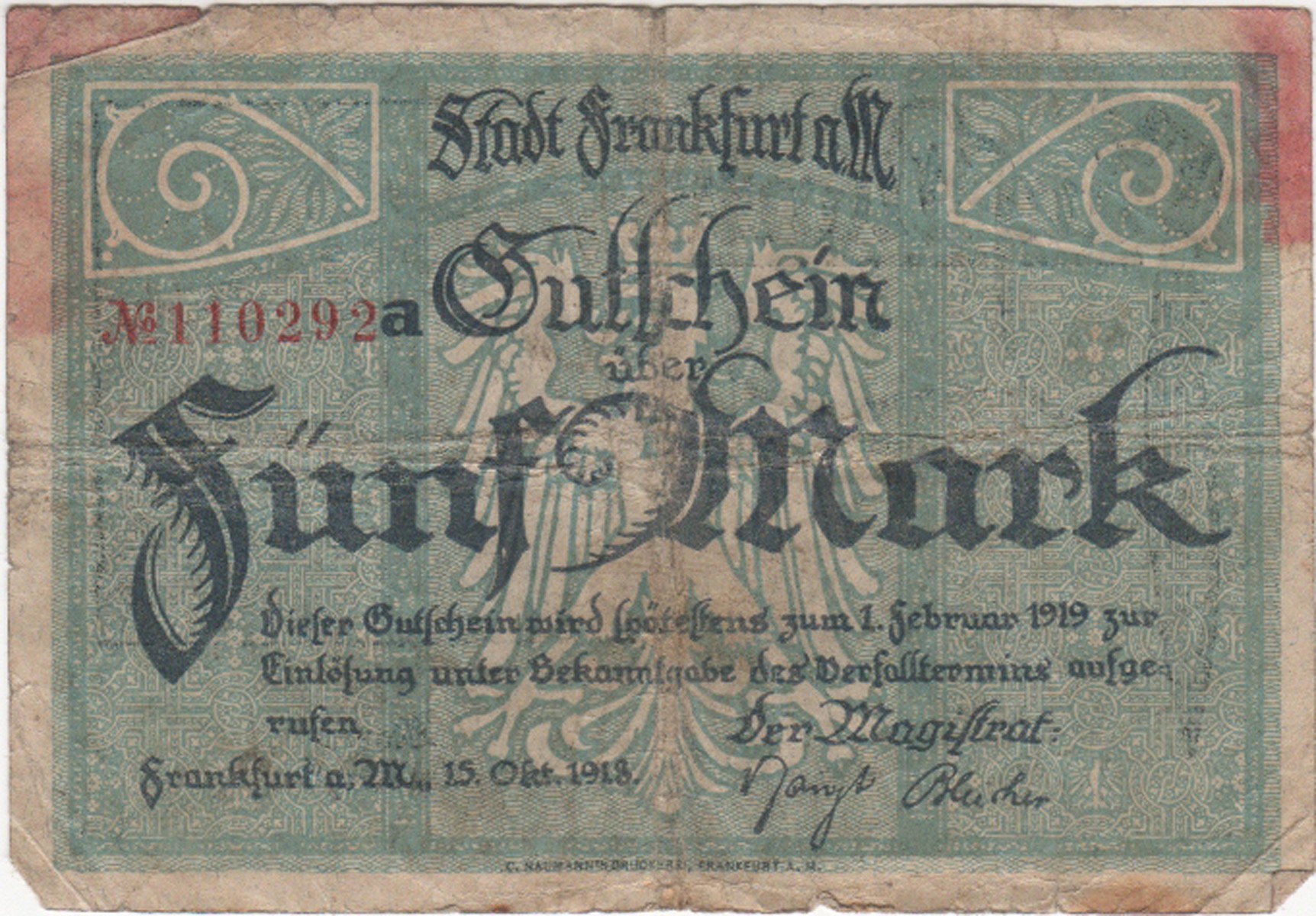Gutschein Stadt Frankfurt a. M. über Fünf Mark von 1918 (Heimatmuseum und -Archiv Bad Bodendorf CC BY-NC-SA)