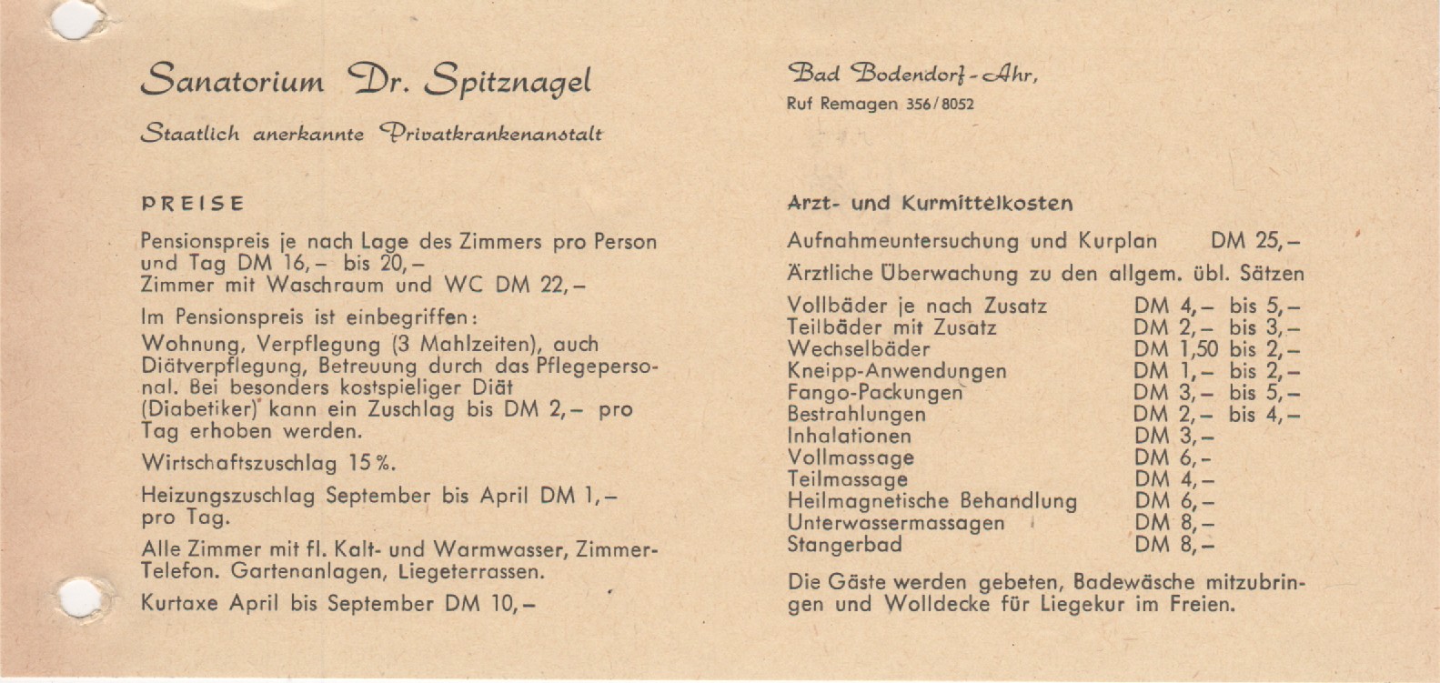 Preisliste des Sanatorium Spitznagel in Bad Bodendorf/Ahr (Heimatmuseum und -Archiv Bad Bodendorf CC BY-NC-SA)